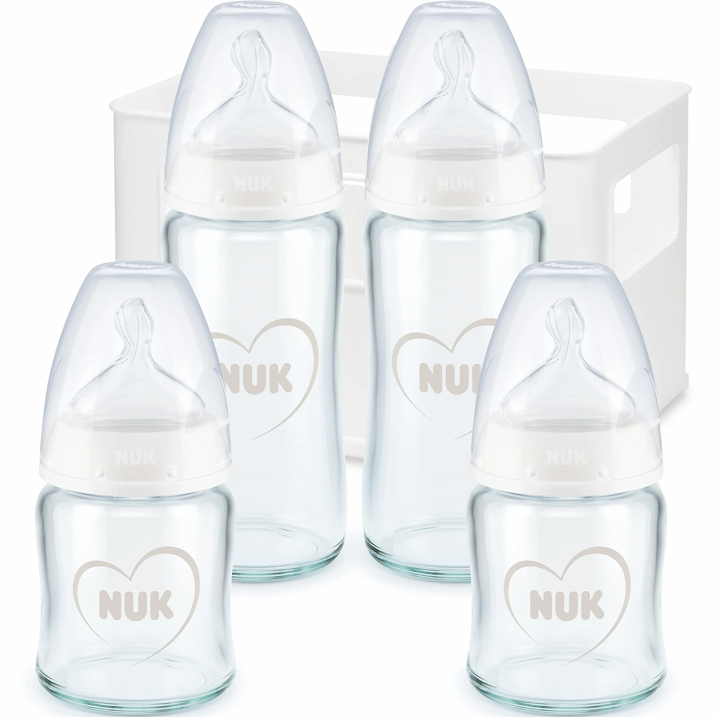 NUK First Choice+ butelki dla niemowląt ze szkła, zestaw startowy | 0 – 6 miesięcy | 4 x butelka dla niemowląt i pudełko na butelki | nie zawiera BPA | serce (neutralne) | 5 sztuk