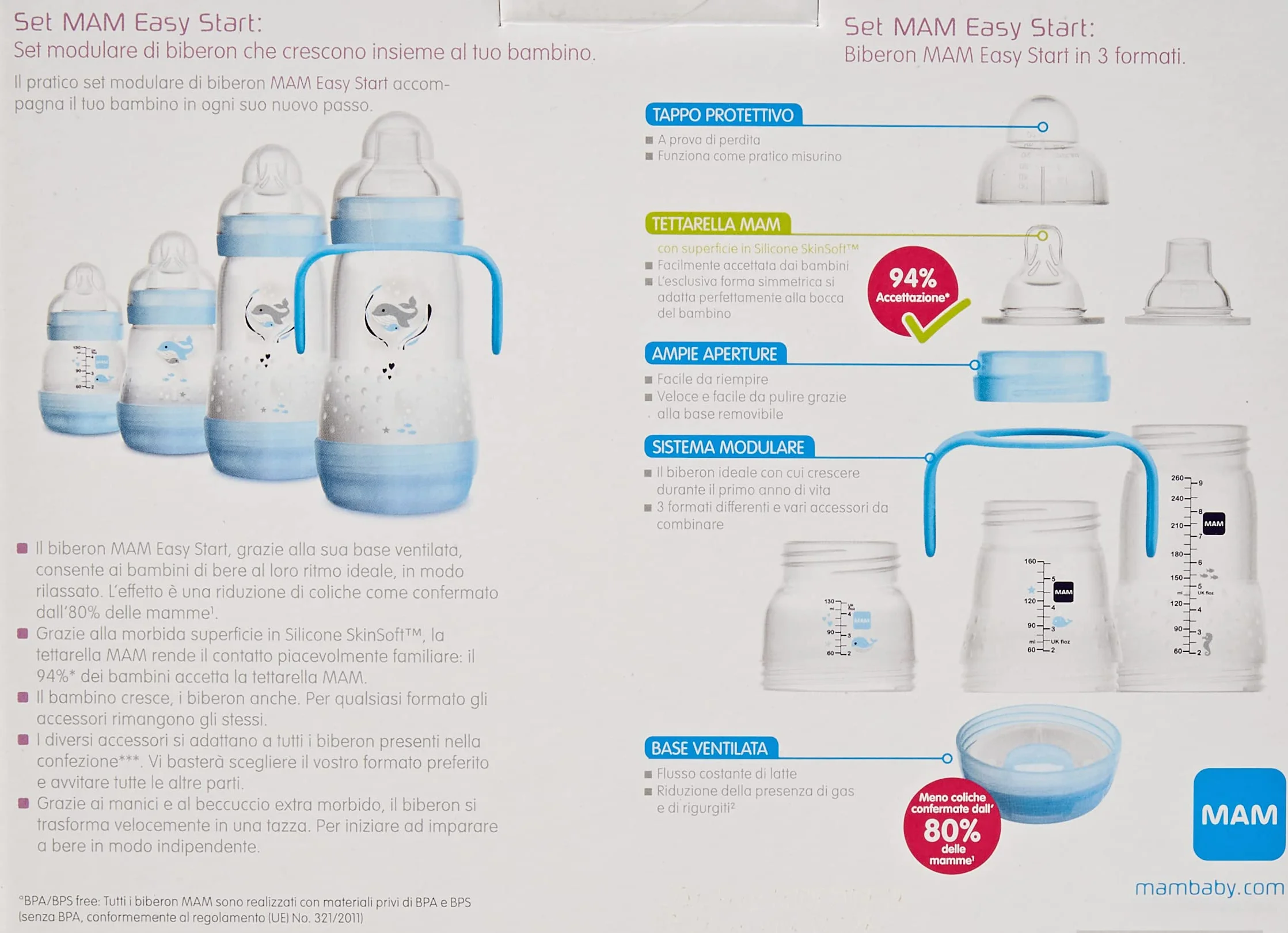 MAM Zestaw 8 butelek z silikonowym smoczkiem Skinsoft Easy Start Easy Start, 1 smoczek Nanò, 1 bardzo miękki wylewka i uchwyty, jasnoniebieski