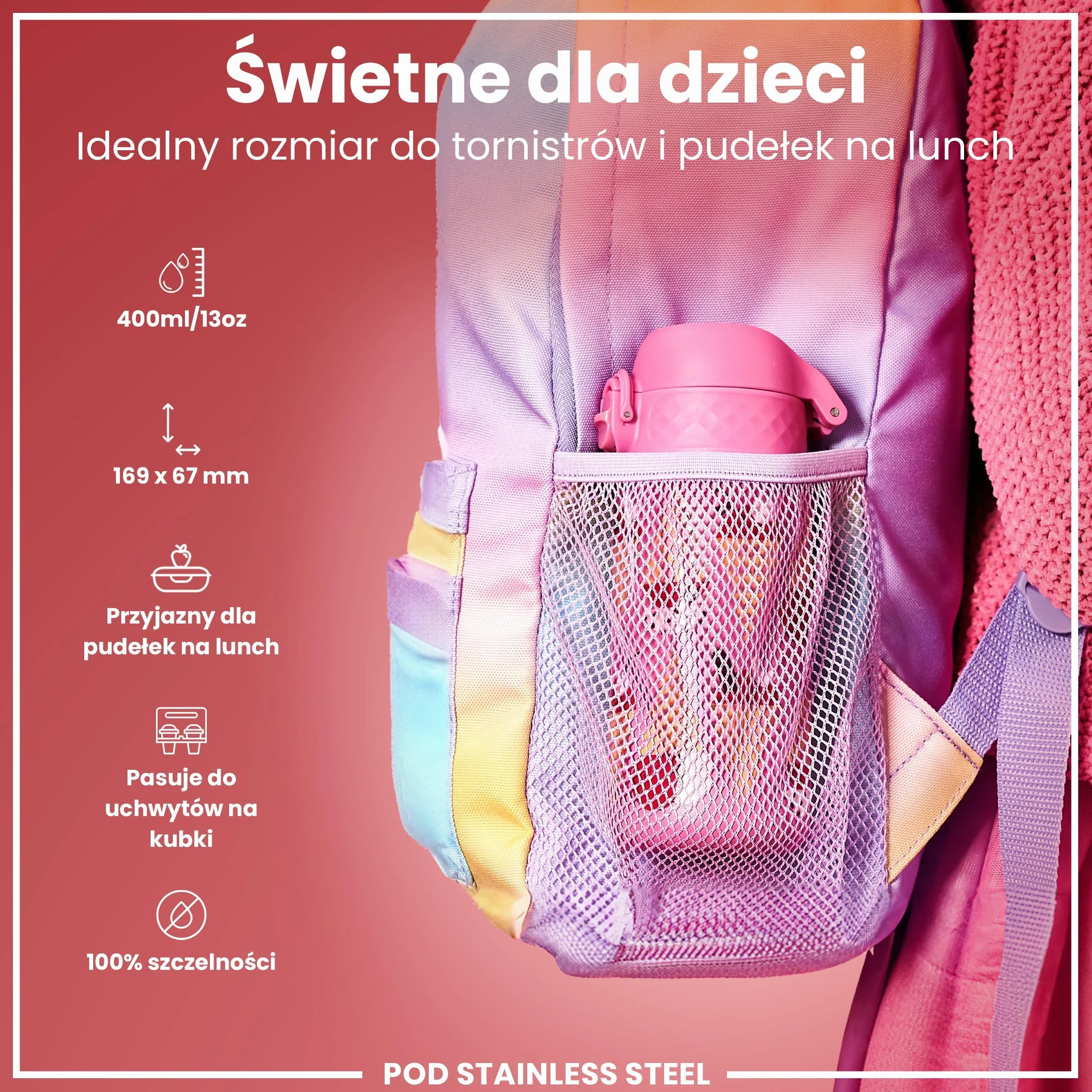 ION8 Butelka na Wodę dla Dzieci ze Lekki Stali, 400 ml/13 oz, Nieocieplany, Szczelna, Łatwa do Otwarcia, Bezpieczny Zamek, Można Myć w Zmywarce, Składany Uchwyt, Łatwa w Czyszczeniu, Lody