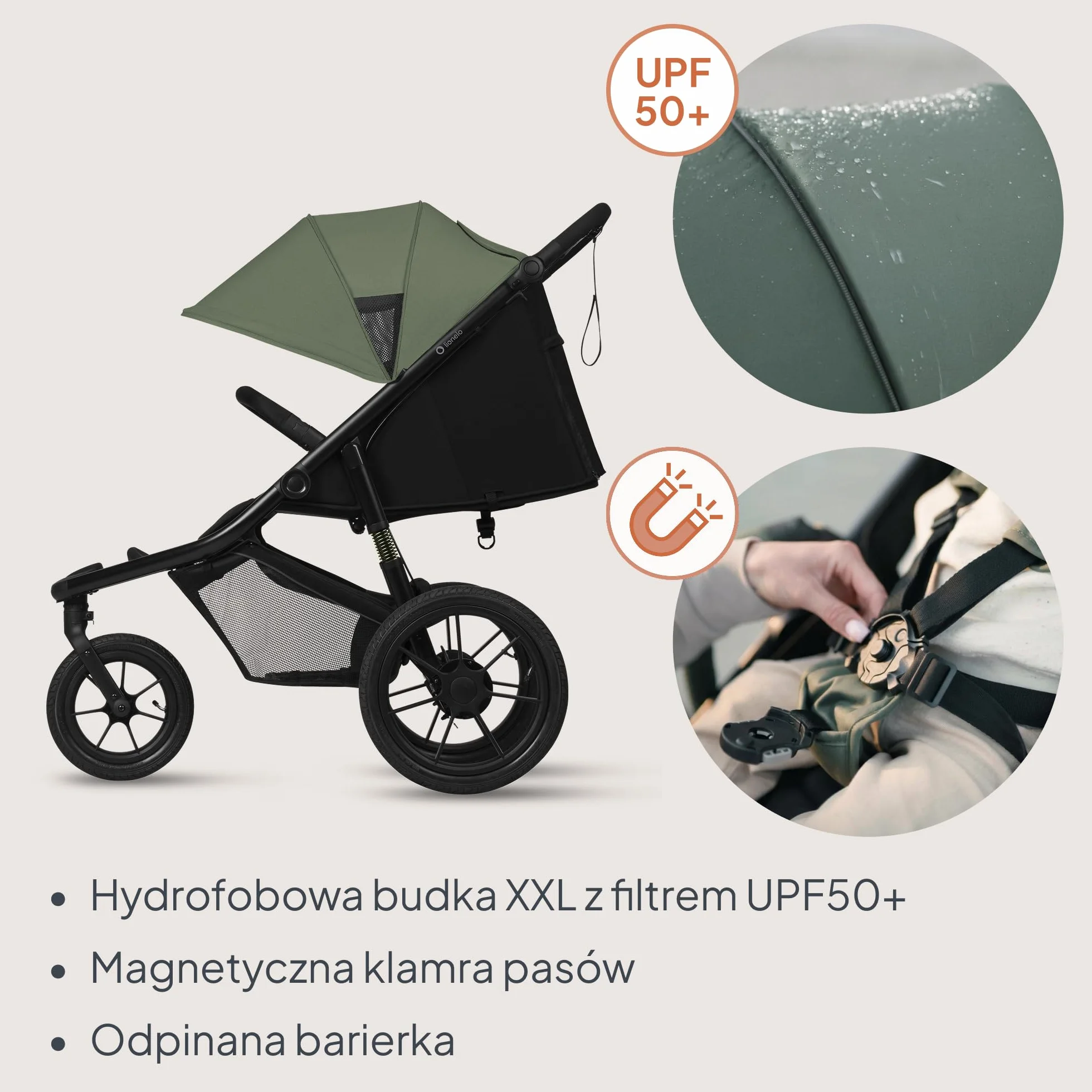 LIONELO AZURA Wózek Dziecięcy do Joggingu od 6 miesięcy do 22 kg Trójkołowy Wózek do Biegania Regulacja Oparcia do Pozycji Leżącej Duże Pompowane Koła Pełna Amortyzacja Budka XXL (Zielony)