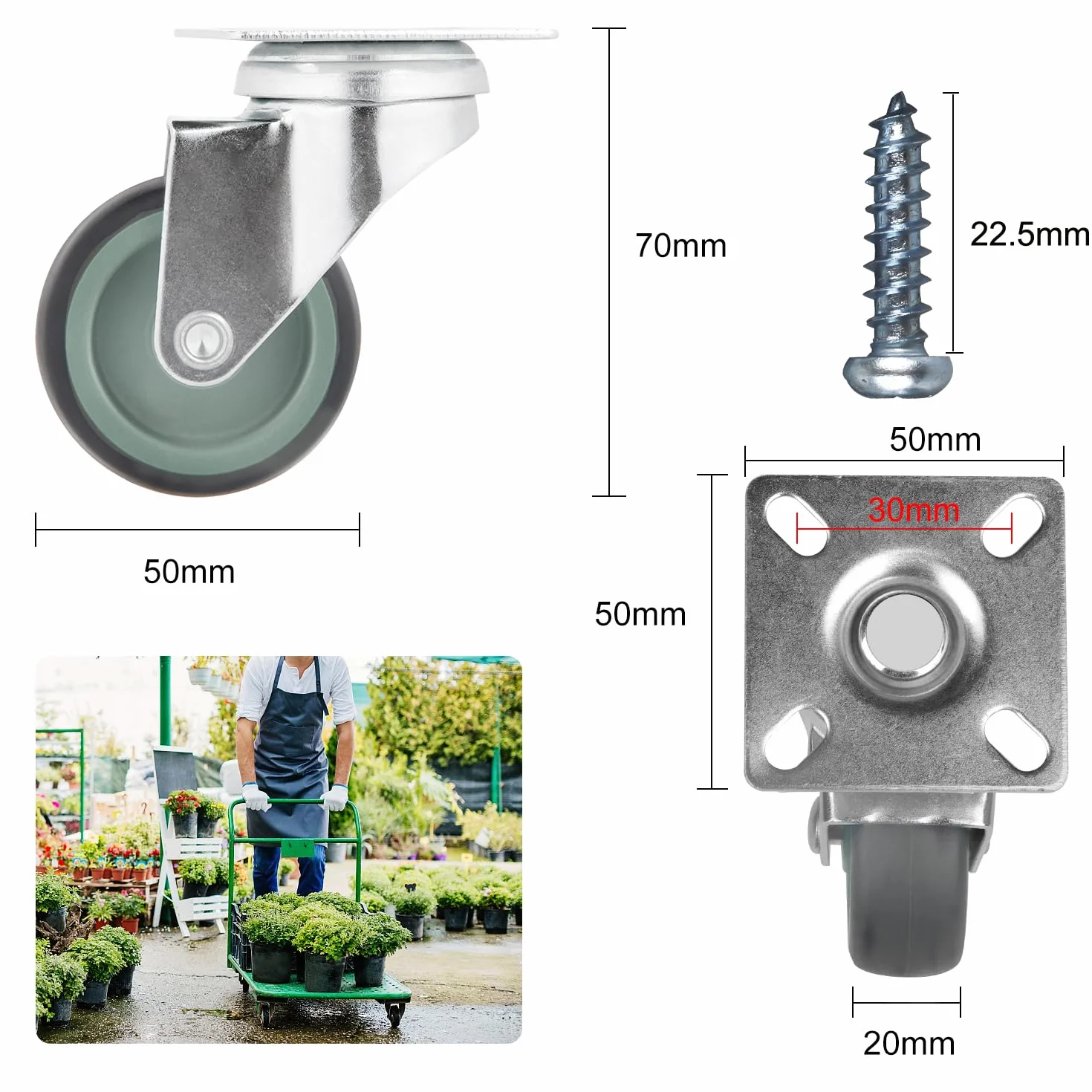 Gumowe kółka skrętne Ø 50 mm do mebli, nośność 50 kg, 12 sztuk z 48 śrubami
