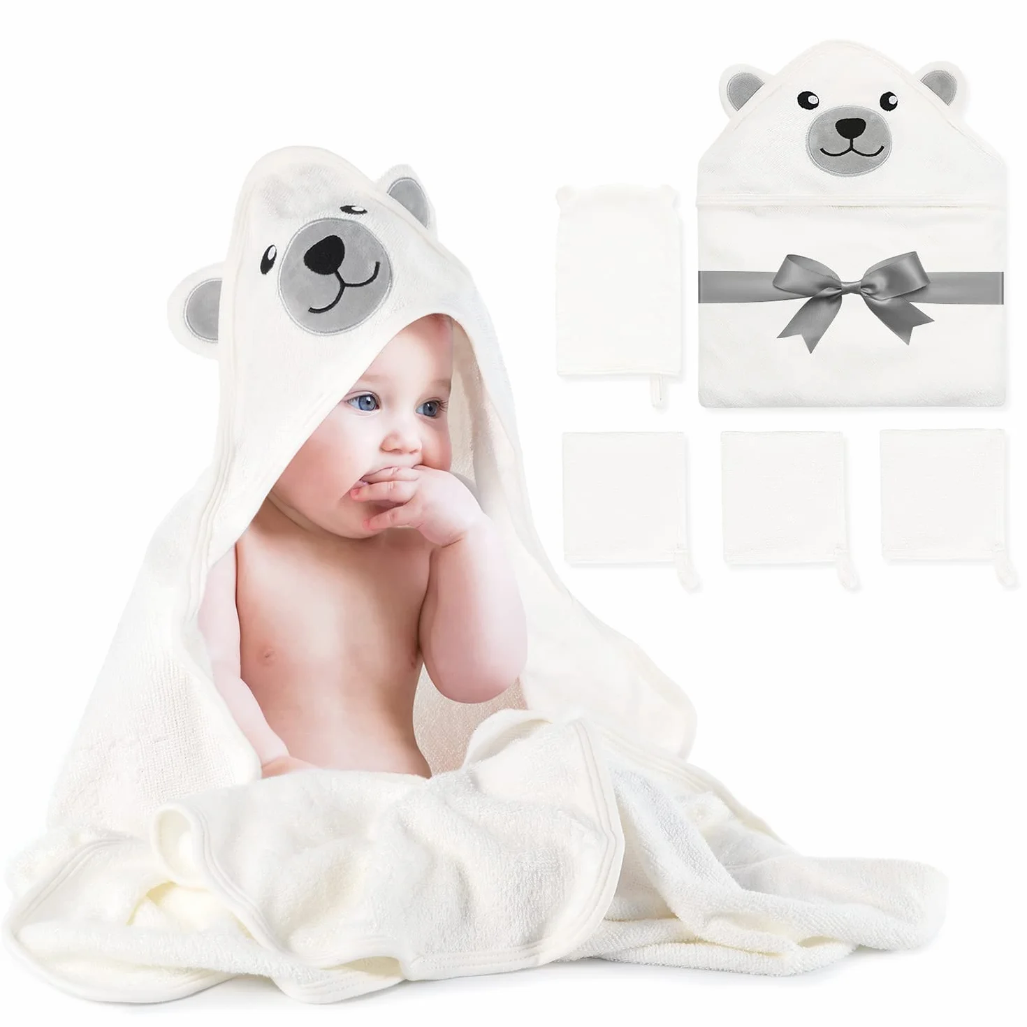 Momcozy Set Asciugamani Bagno al in Bambù per Neonato 5 Pz, 1 Pezzo Asciugamano Neonato Con Cappuccio, 3 Pezzi Asciugamano Neonati, 1 Pezzo Guanto Da Bagno, Soffice, Traspirante, Ecologico