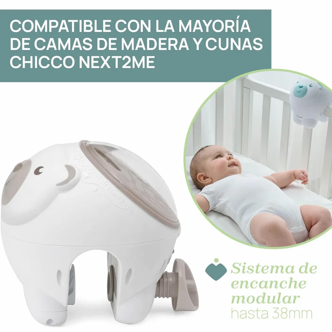 Chicco Projektor 2w1 z Misiem Polarnym, do Łóżeczek i Stolików Nocnych Next2Me, Projekcja Magicznej Zorzy Polarnej, 30 Minut Muzyki Klasycznej, Dźwięki Natury, Konfigurowalne Funkcje, 0 Miesięcy +