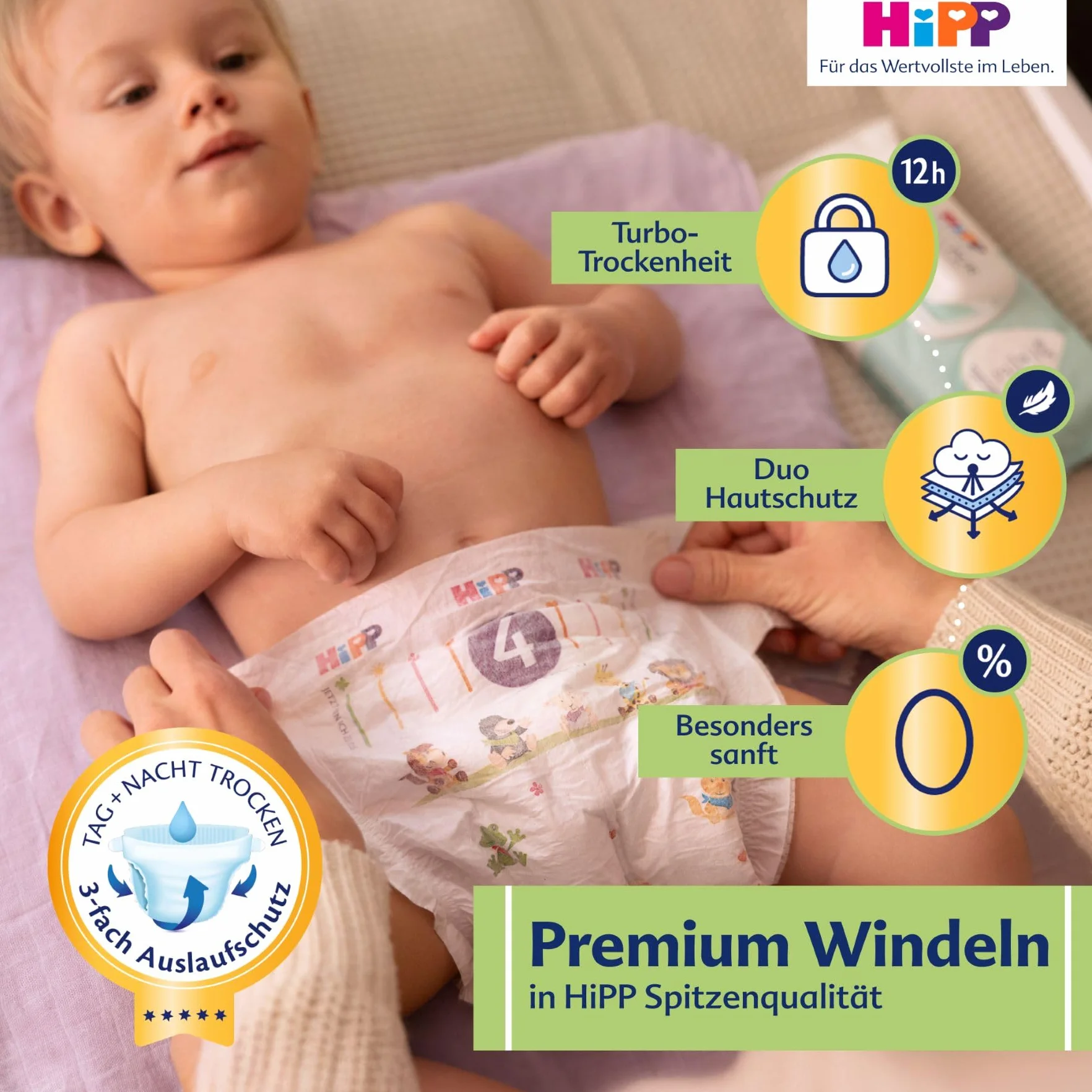 HiPP Bardzo miękkie pieluchy premium rozmiar 2 (mini 4-8 kg), 93 sztuki (3 opakowania po 31), z potrójną ochroną przed wyciekiem i podwójną ochroną skóry
