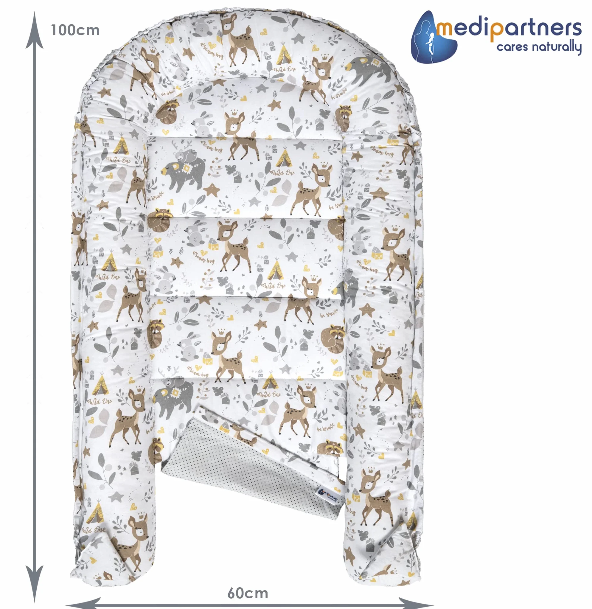 Medi Partners 5el. Kokon Niemowlęcy 100x60x15cm Wyjmowana Wkładka Kocyk Płaska Poduszka Rożek Łóżeczko 100% Bawełna (Jelonki)