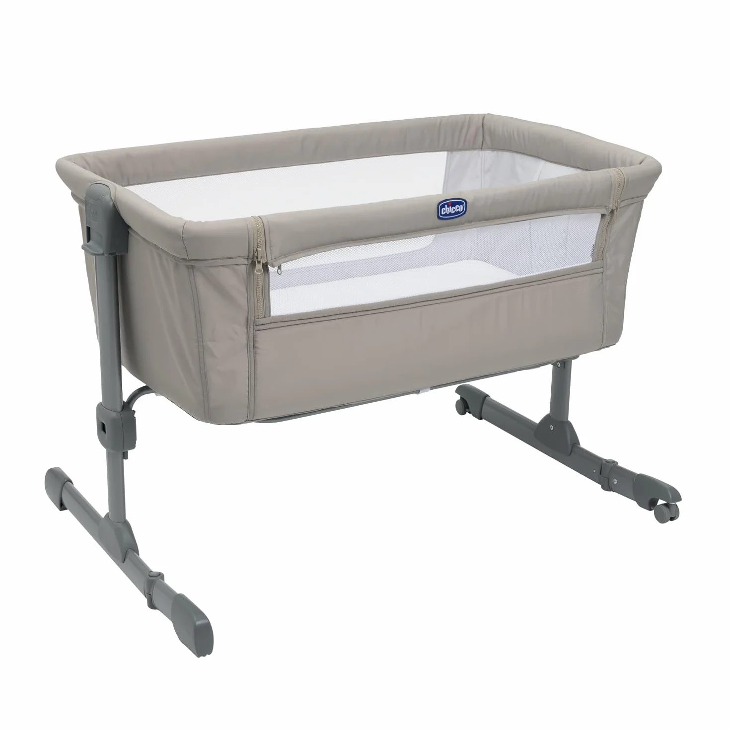 Chicco Next2Me Essential,Łóżeczko dziecięce boczne, łóżeczko do wspólnego spania, kompatybilne z kilkoma łóżkami, regulowana wysokość, materac i torba w zestawie, 0-6 miesięcy, beżowe
