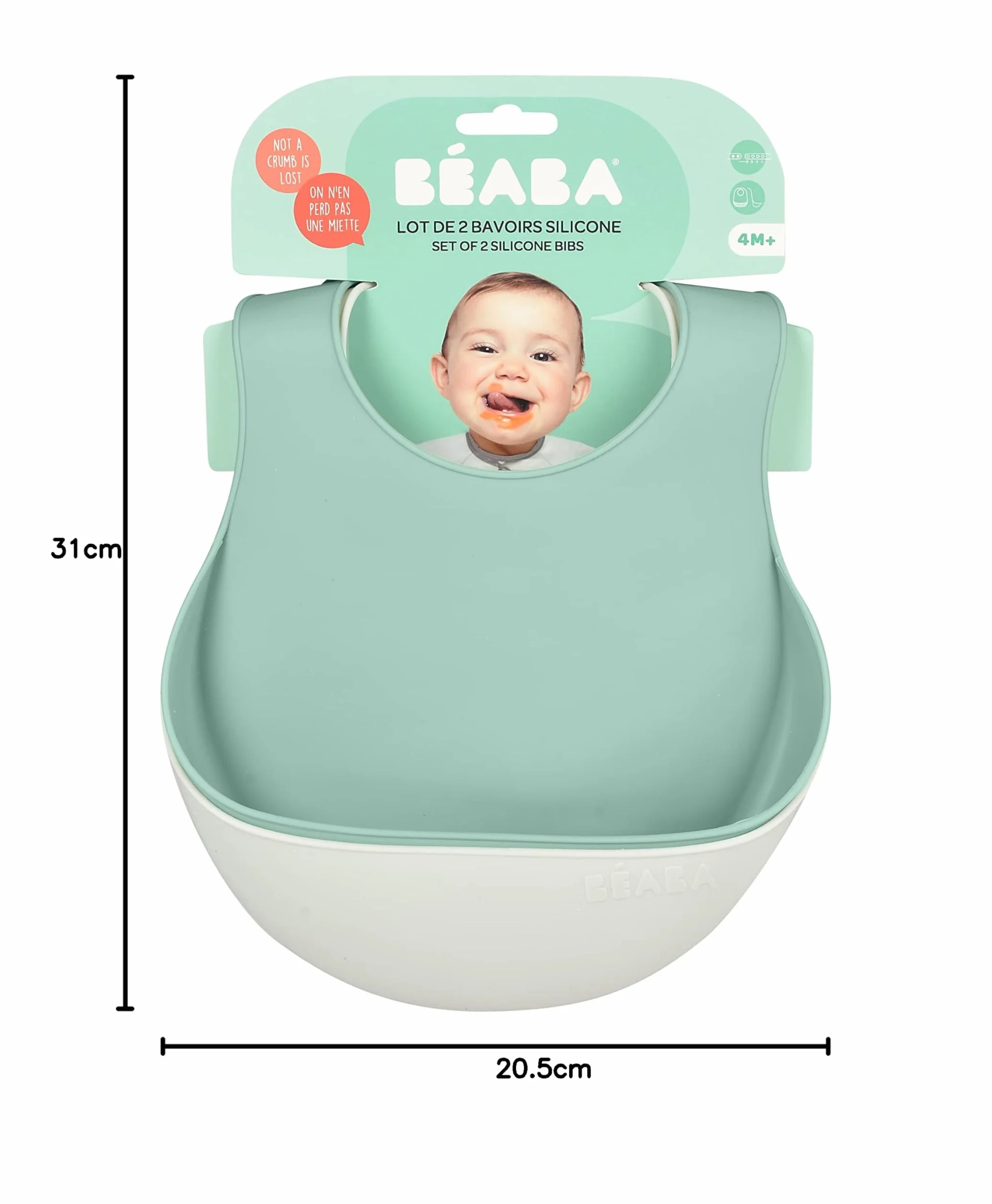 BÉABA, Wodoodporny zestaw 2 śliniaków silikonowych, regulowany pasek na szyję, duża kieszeń na żywność, miękka, lekka, bardzo miękka, łatwa do czyszczenia, zielona szałwia