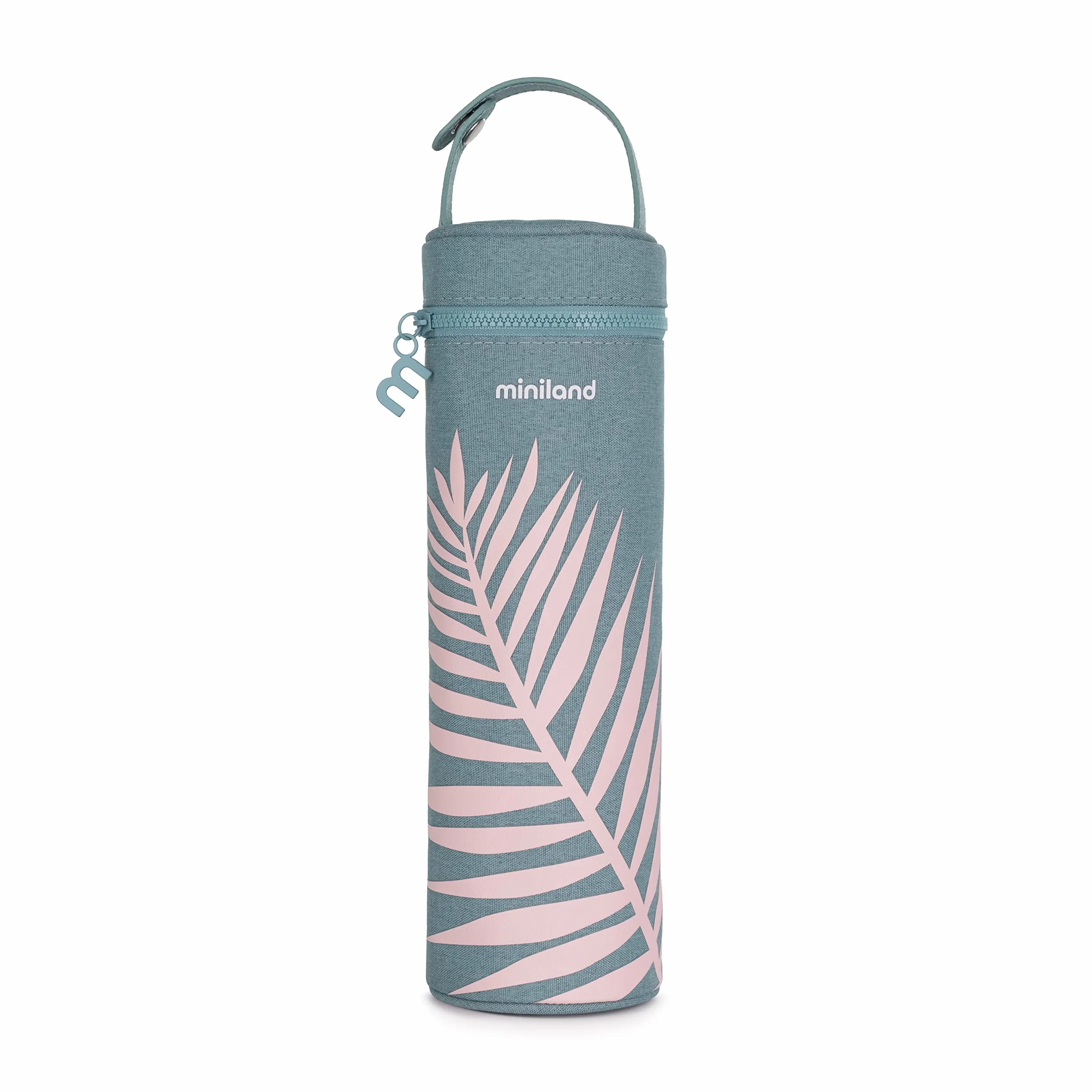 Miniland Thermibag Palms 500 ml izotermiczny pokrowiec z uchwytem do łatwego zawieszania i przenoszenia - idealny do butelek dla niemowląt lub termosów, niebieski, 89452