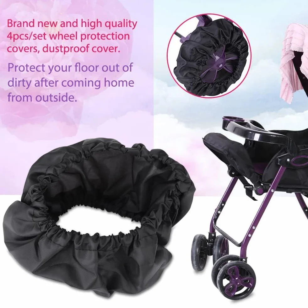 Kinderwagen Radabdeckung, 4 Stück Oxford Stoff Kinderwagen Staubdichte Fußabdeckung Radschutzabdeckung Kinderwagen Zubehör(L-Schwarz)