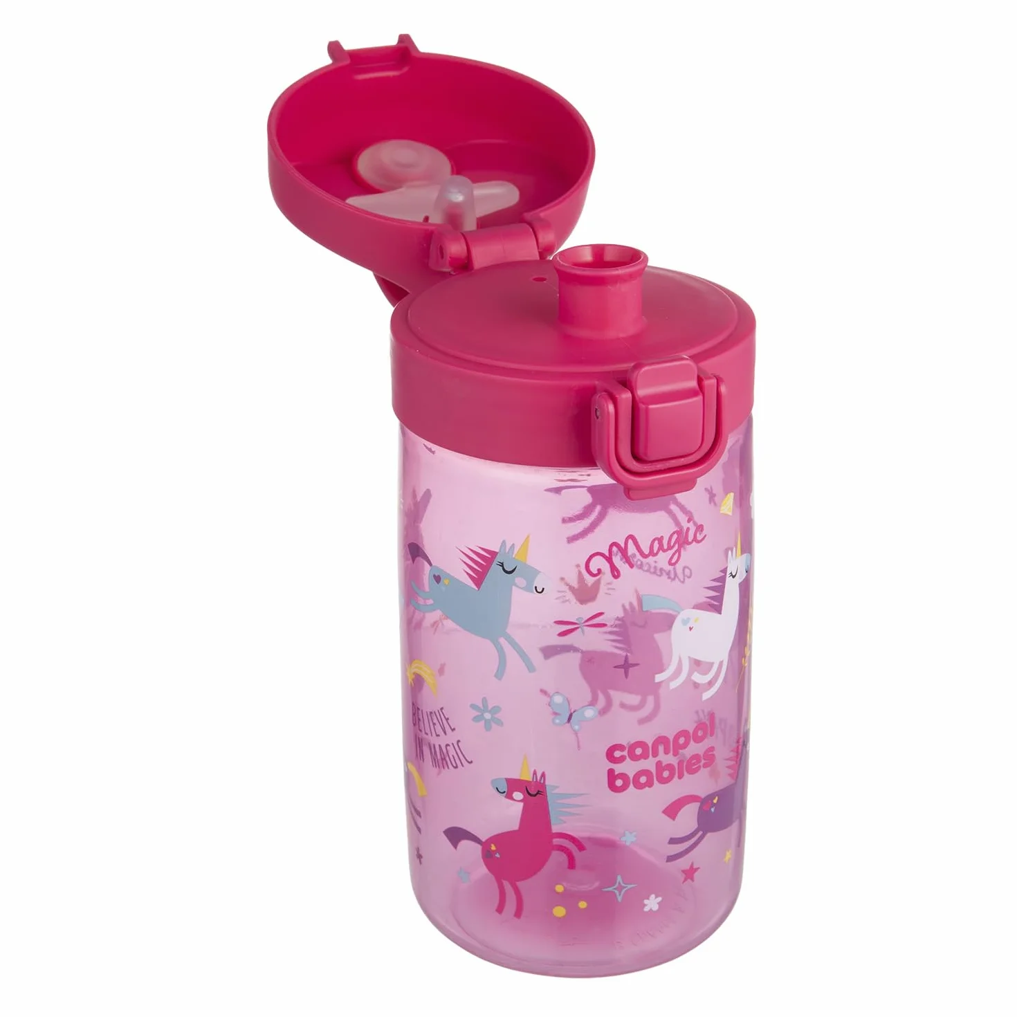 Canpol babies Bidon na wodę dla dzieci od 2,5 r.ż. Junior 400 ml Blokada przycisku, Wygodny do picia i mycia ustnik (Różowy)