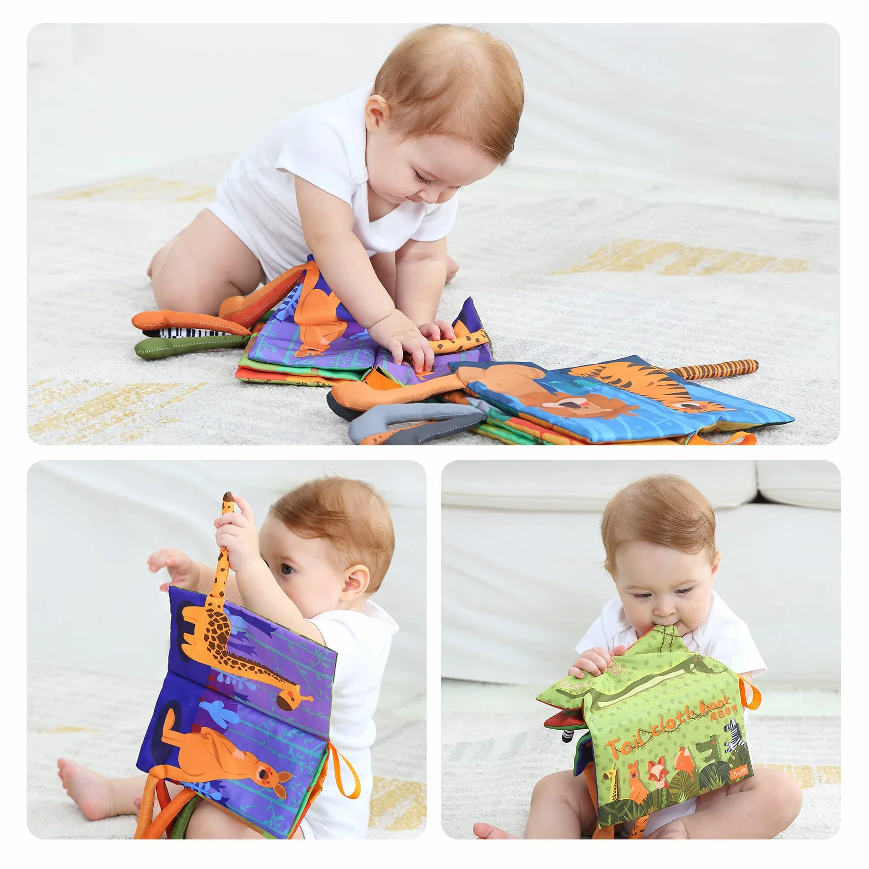 TUMAMA KIDS Baby Clolth Dierenboek, Książki z tkaniny, sensoryczna książka miękkie zabawki 3D ogony dżungli, piszczący i marszczący dźwięk, Książka do kąpieli wczesna nauka 0-3-6-9-12-18 miesięcy