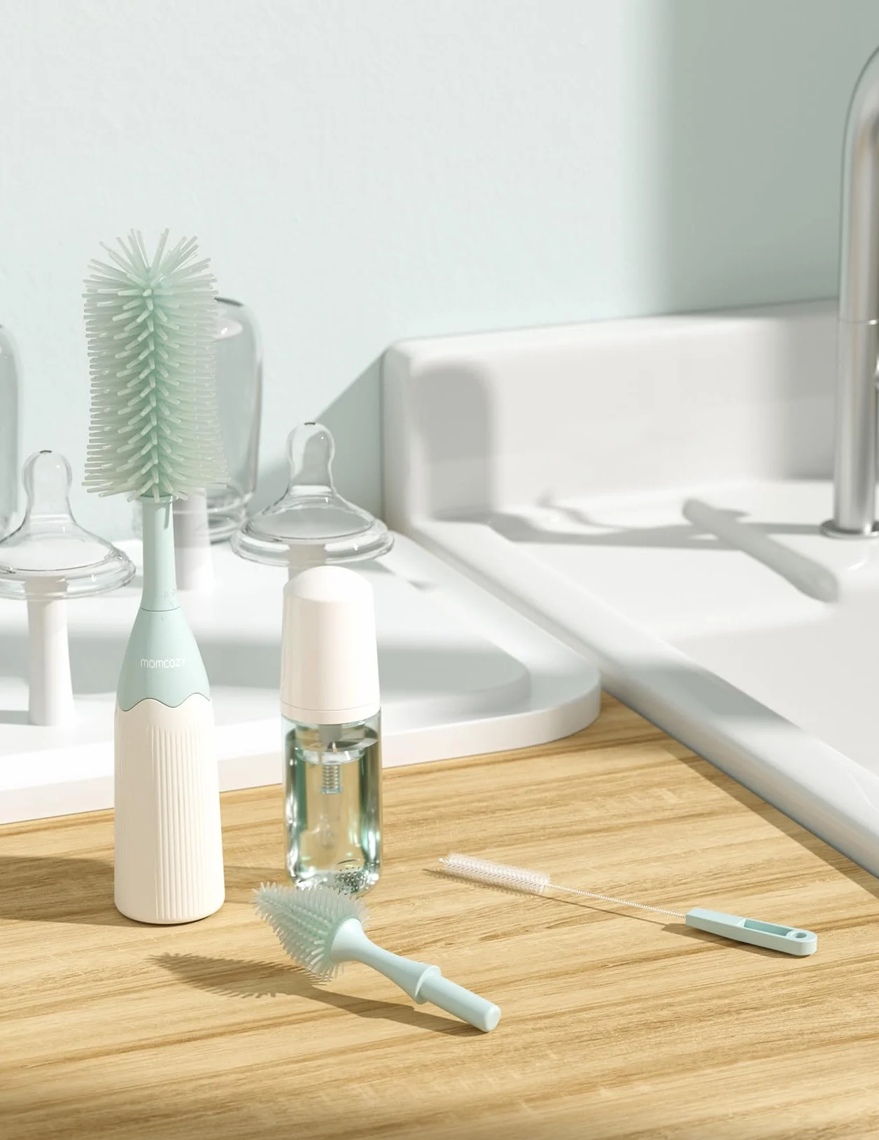 Zestaw Szczoteczek dla Dzieci Momcozy z Technologią Pianki Ciśnieniowej, Silikonowa Szczoteczka do Butelek, Laktatorów i Smoczków, bez BPA, 360° Czyszczenie i Etui Podróżne