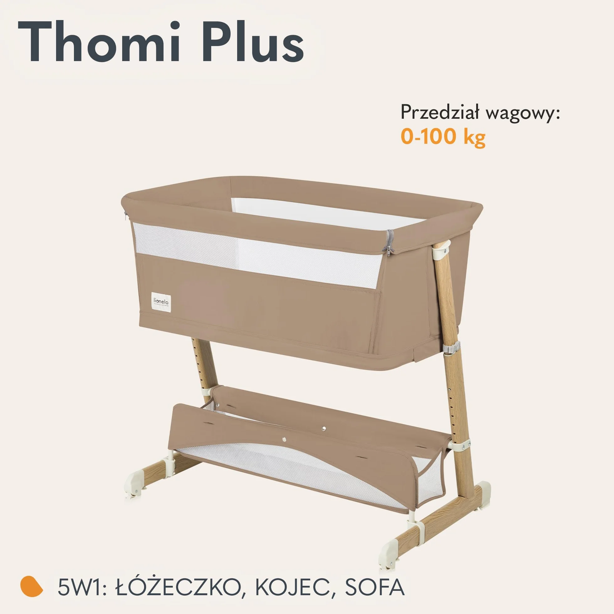 LIONELO THOMI PLUS 5 w 1 Dziecięce Łóżeczko Wolnostojące, Dostawne do 9kg, dla Starszego Dziecka do 30 kg, Kojec do 15 kg, Sofa do 100 kg Regulacja Wysokości, 2 Koła, Otwierany Bok (Carmel)