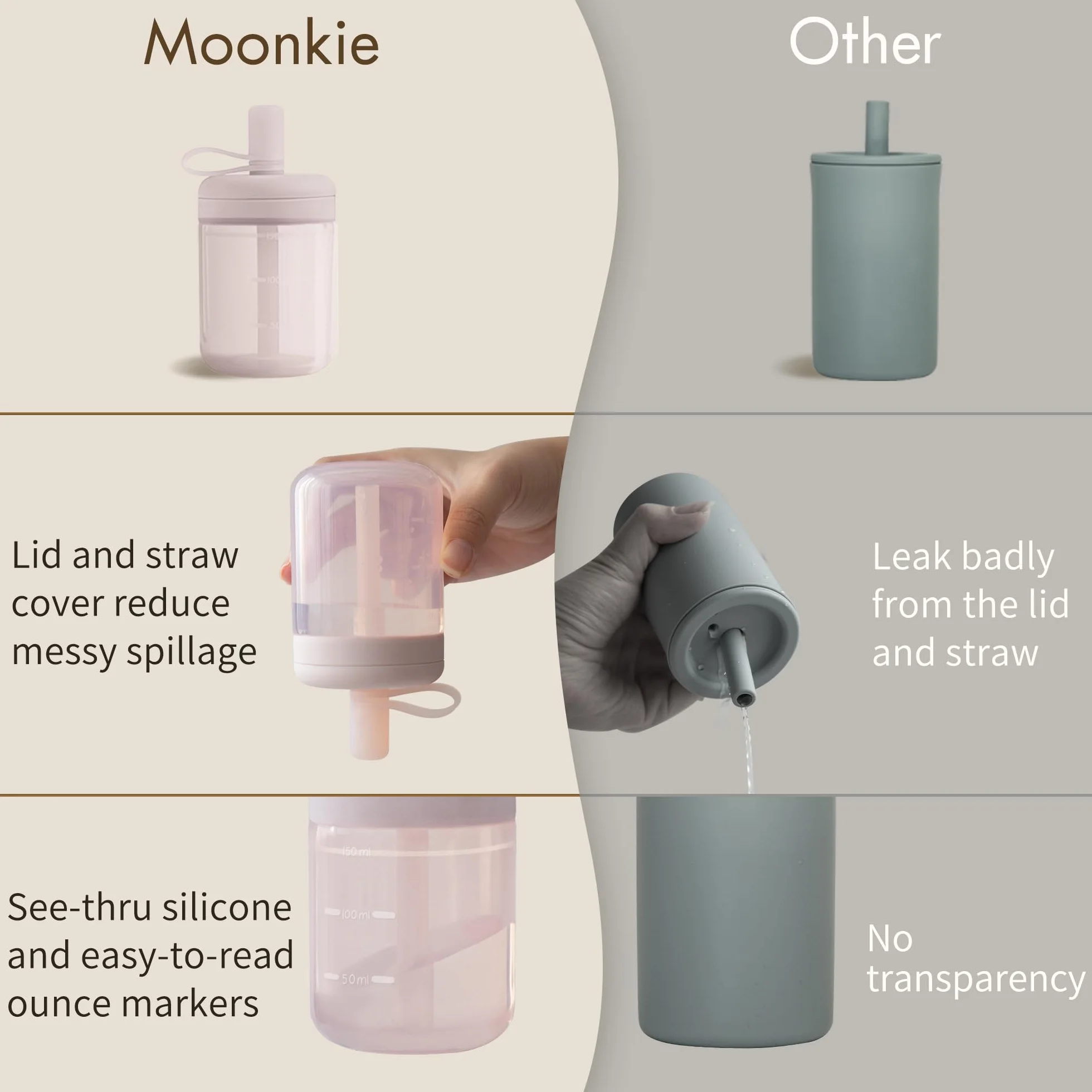 Moonkie Sippy Cup, Kubek ze Słomką, Kubeczek Niekapek Silikon, Kubek dla Niemowląt, Szczelny, nie zawiera BPA, Od 6 Miesiąca, Nadaje Się do Mycia w Zmywarce, 5oz(Czerwony gliniasty/Kość słoniowa)