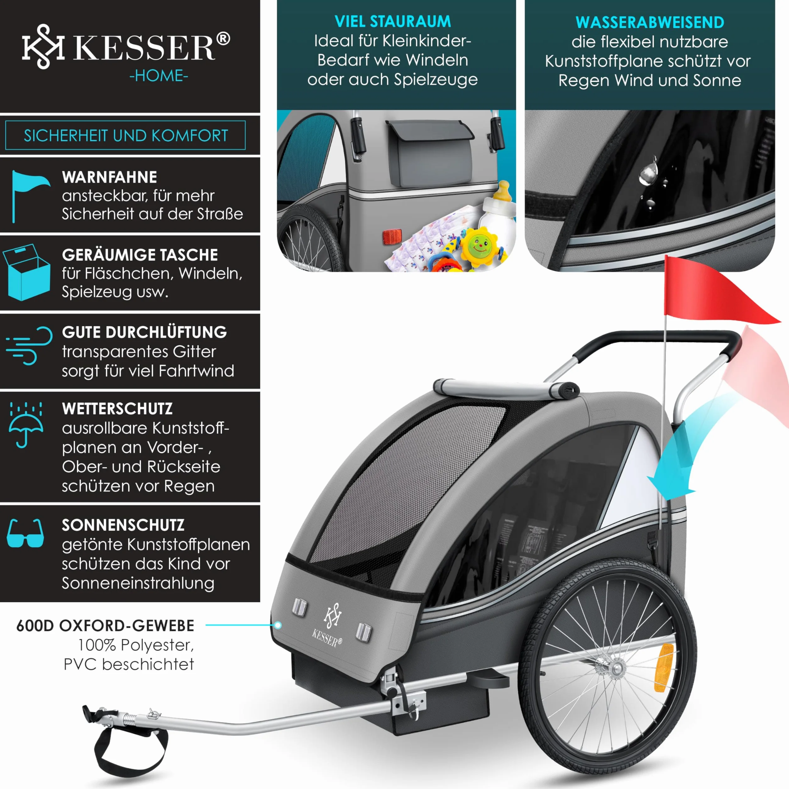 KESSER® Sport-RX 2 w 1 Przyczepka rowerowa dla dzieci, z funkcją jogger, 5-punktowy pas bezpieczeństwa, przednie koło obracane o 360º, spacerówka, dla 1-2 dzieci, maks. 40 kg