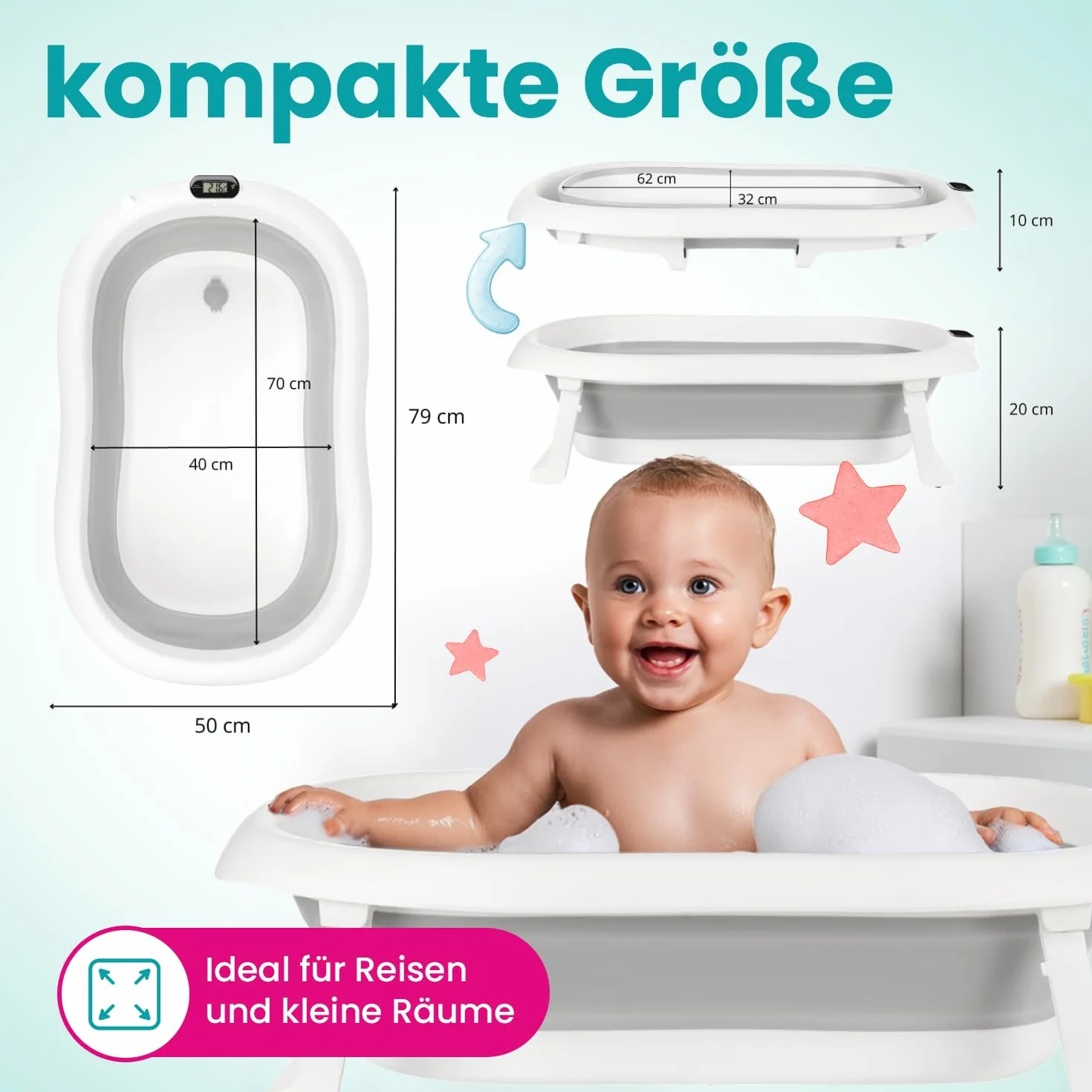 Primabobo Wanienka dla Niemowląt PREMIUM Składana z Inteligentnym Termometrem LCD i Fotelikiem, Luksusowa Wanienka 80cm z Miękką Wkładką, System Szybkiego Składania, Szara