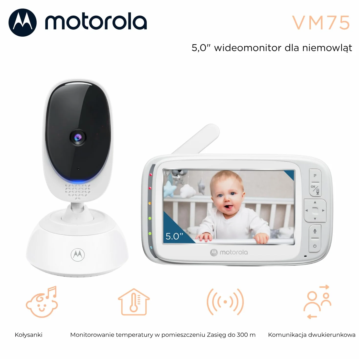 Motorola Nursery VM75 Monitor dla dziecka – 5-calowy monitor dla rodzica, noktowizor na podczerwień, zoom cyfrowy, rozmowa dwukierunkowa i kołysanki