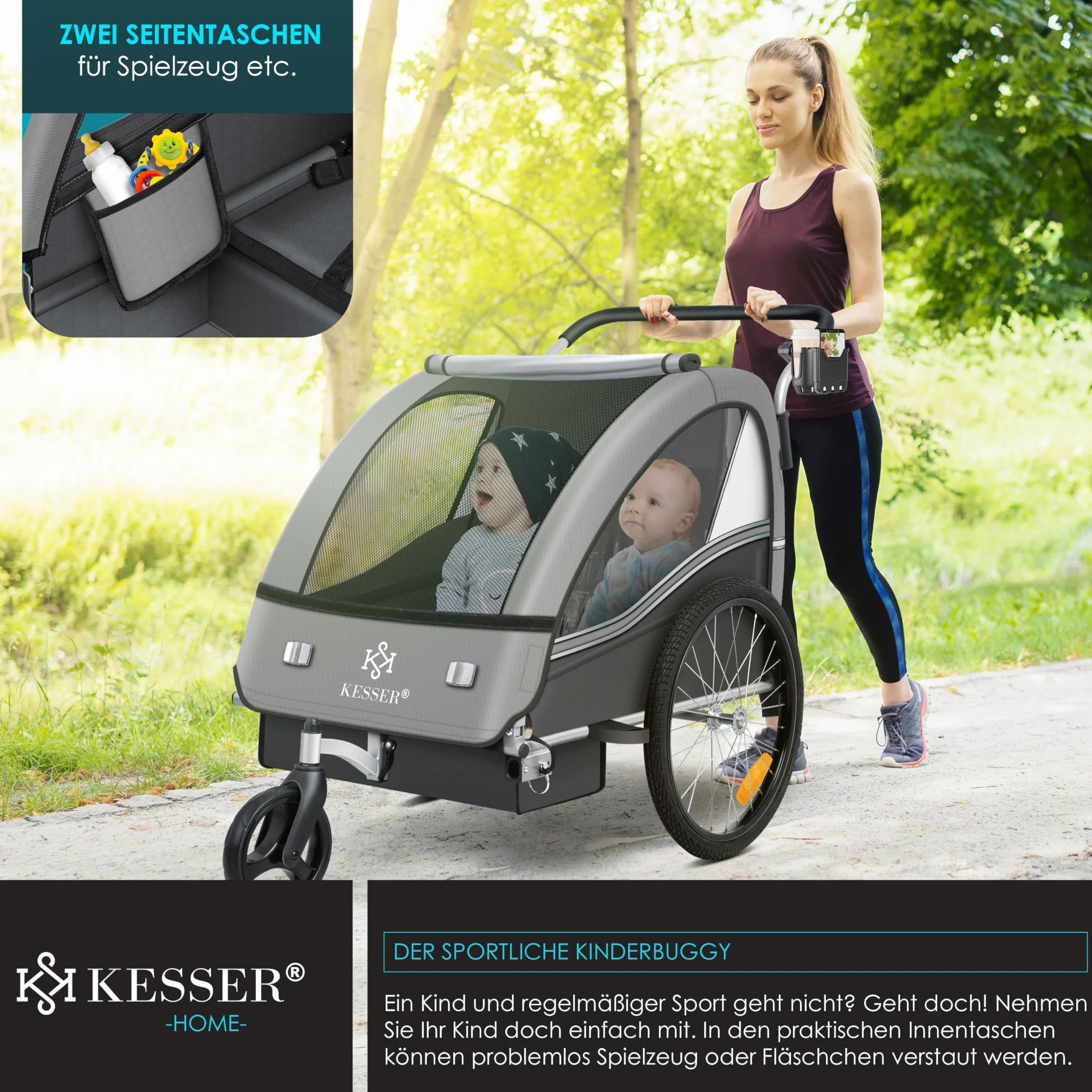KESSER® Sport-RX 2 w 1 Przyczepka rowerowa dla dzieci, z funkcją jogger, 5-punktowy pas bezpieczeństwa, przednie koło obracane o 360º, spacerówka, dla 1-2 dzieci, maks. 40 kg