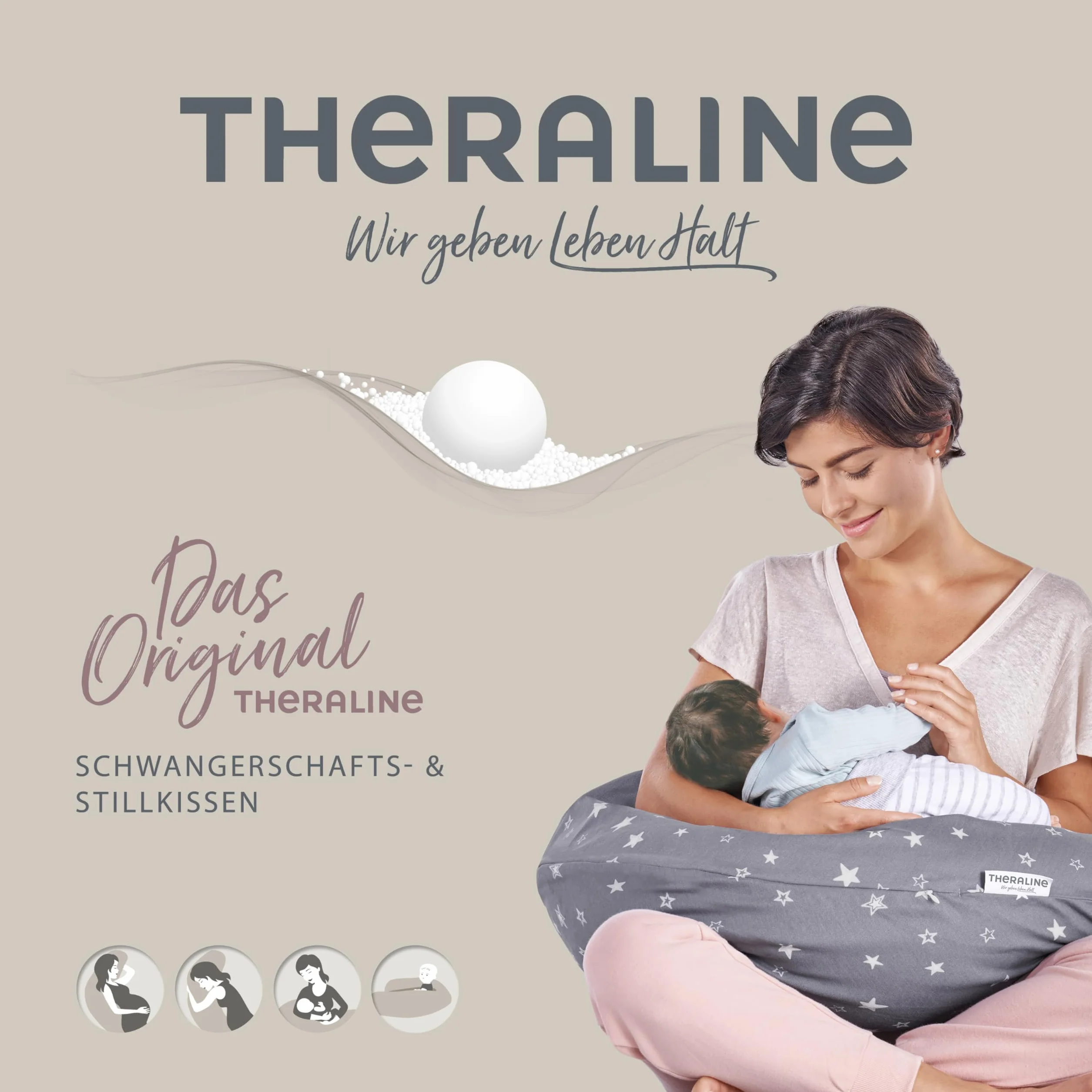 Theraline Oryginalna poduszka ciążowa i do karmienia 190 cm – poduszka dla śpiących na boku, poduszka do karmienia z perłami – w zestawie z poszewką na poduszkę do karmienia Melange niebiesko-szara