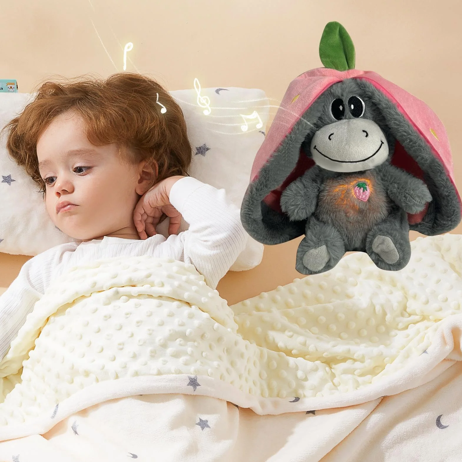 Oddychające pluszowe zwierzątko do drzemki, osiołek truskawkowy, pluszowe zwierzątko, z ruchem oddechowym i muzyką, pomoc w zasypianiu, przytulanka dla dzieci, zabawka
