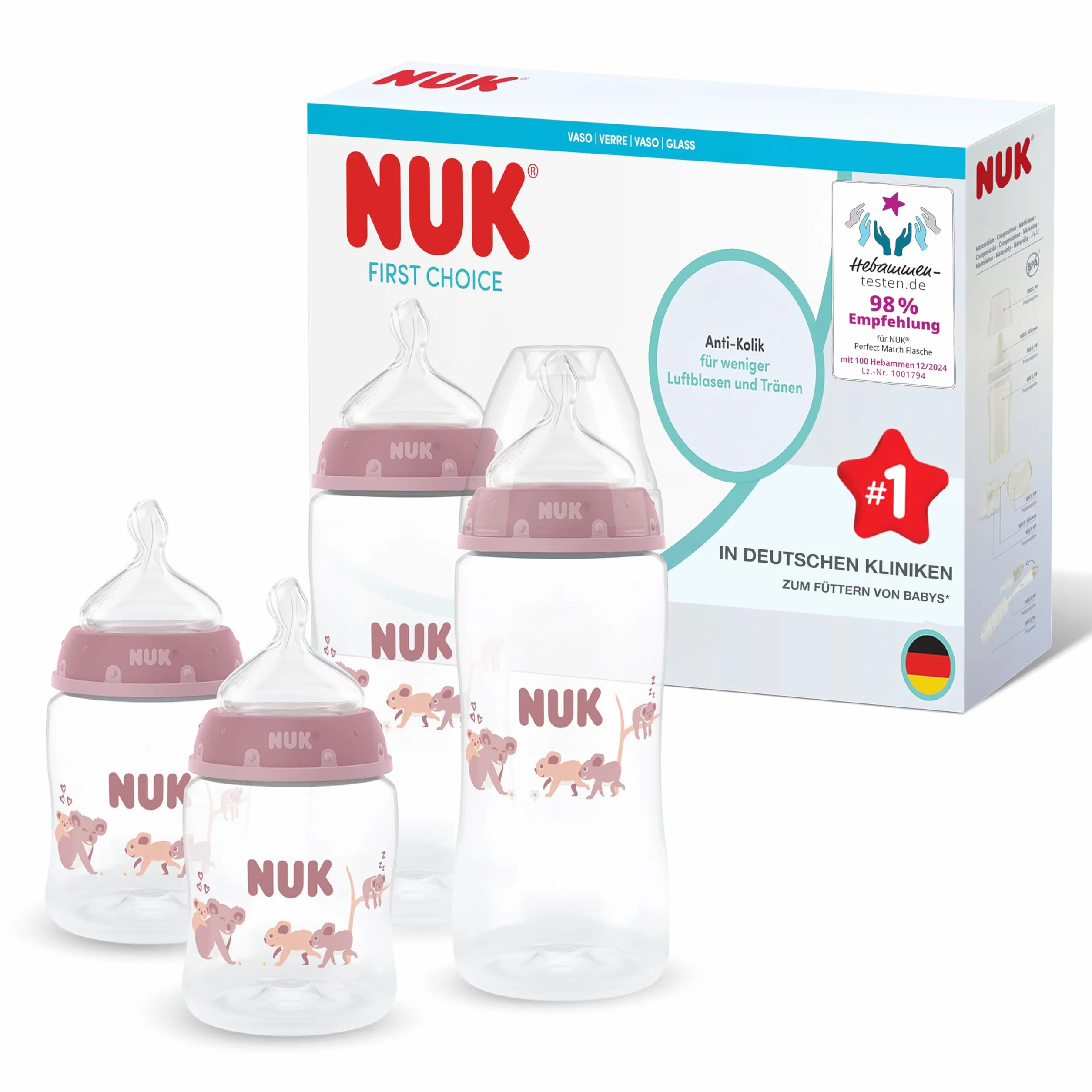 NUK First Choice Butelki dla niemowląt | 0-3+ miesięcy | 150 ml i 300 ml | Butelka antykolkowa | PP | Wskaźnik kontroli temperatury | Koala | 4 sztuki