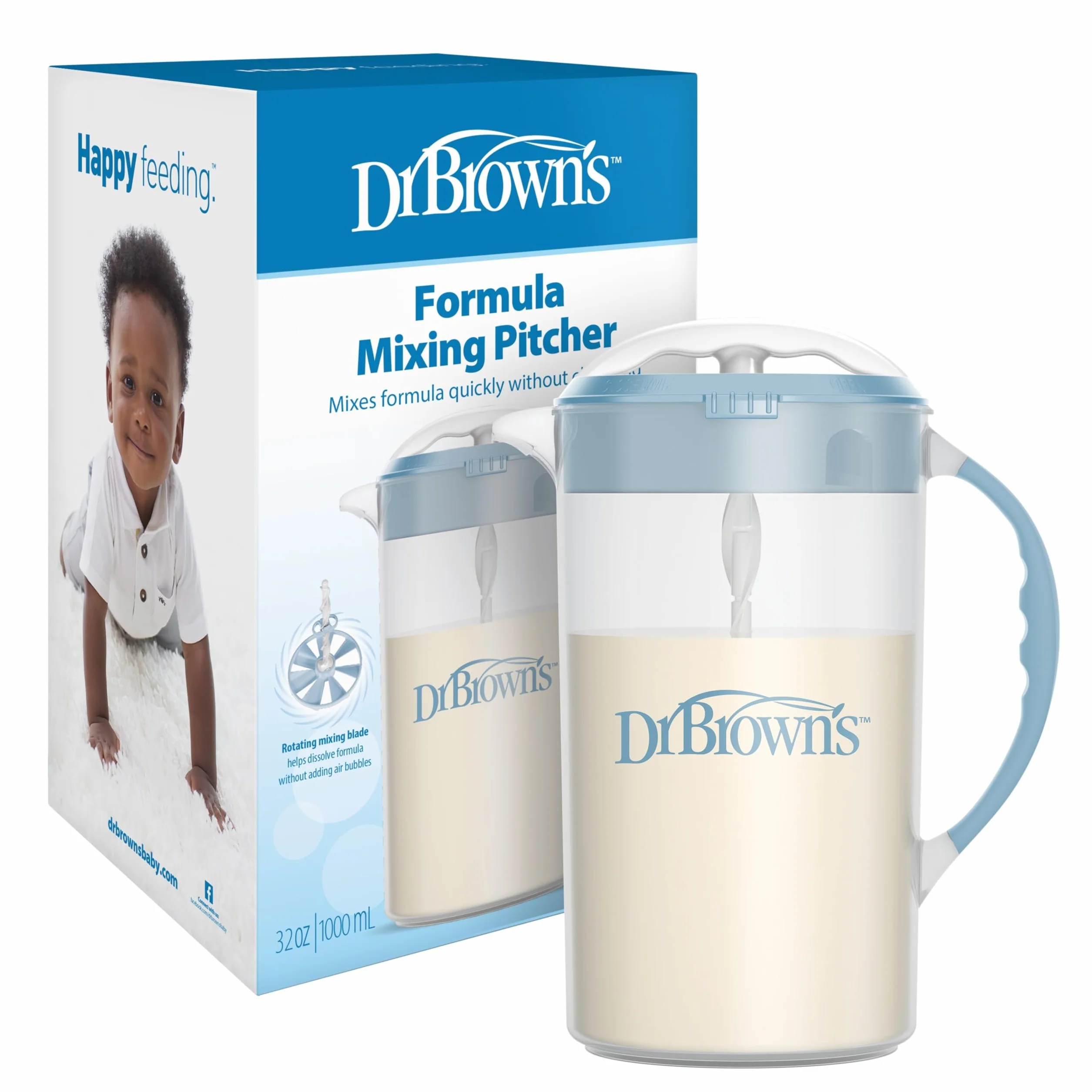 Dr. Brown's Baby Formula Dzbanek do mieszania z regulowaną nasadką, zamykana pokrywka, niekapiąca dzióbek, 946 ml, bez BPA, niebieski, 32 ounce