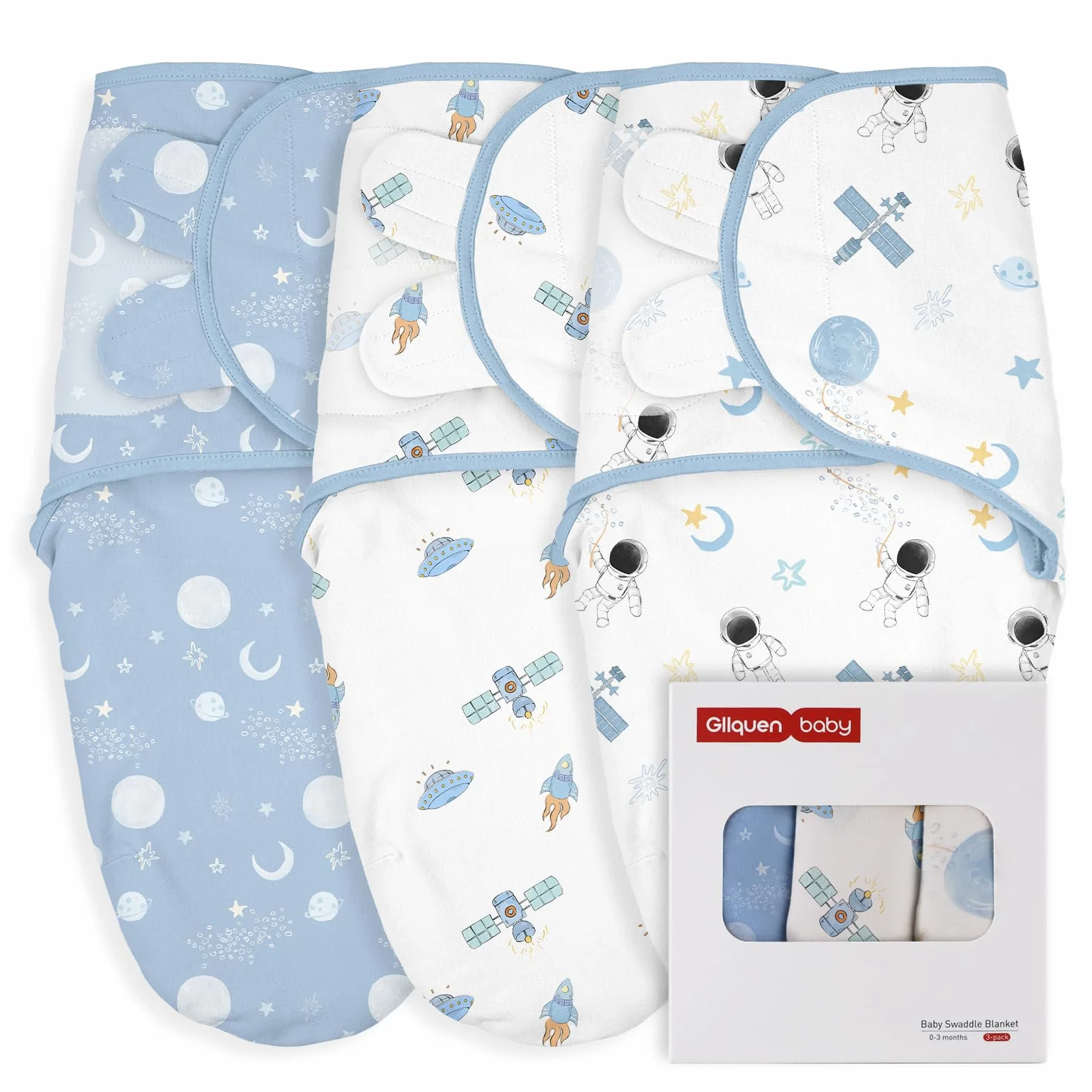 GLLQUEN BABY Swaddles Otulacz niemowlęcy 0-3 miesiące, 100% organiczna bawełna śpiwory dla noworodków, Oeko-tex100 śpiwór dla małych dzieci, uniseks 3-pak otulacz (Astronauta)