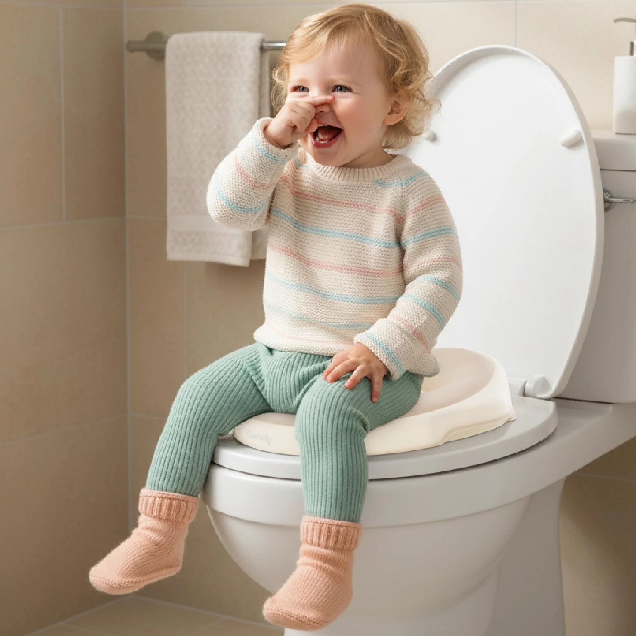 sun baby Nakładka na sedes WC dla dzieci, Nakładka sedesowa 2-6 lat - antypoślizgowy, profilowany kształt, łatwa do czyszczenia, pasuje do standardowych sedesów - Biało-Beżowa