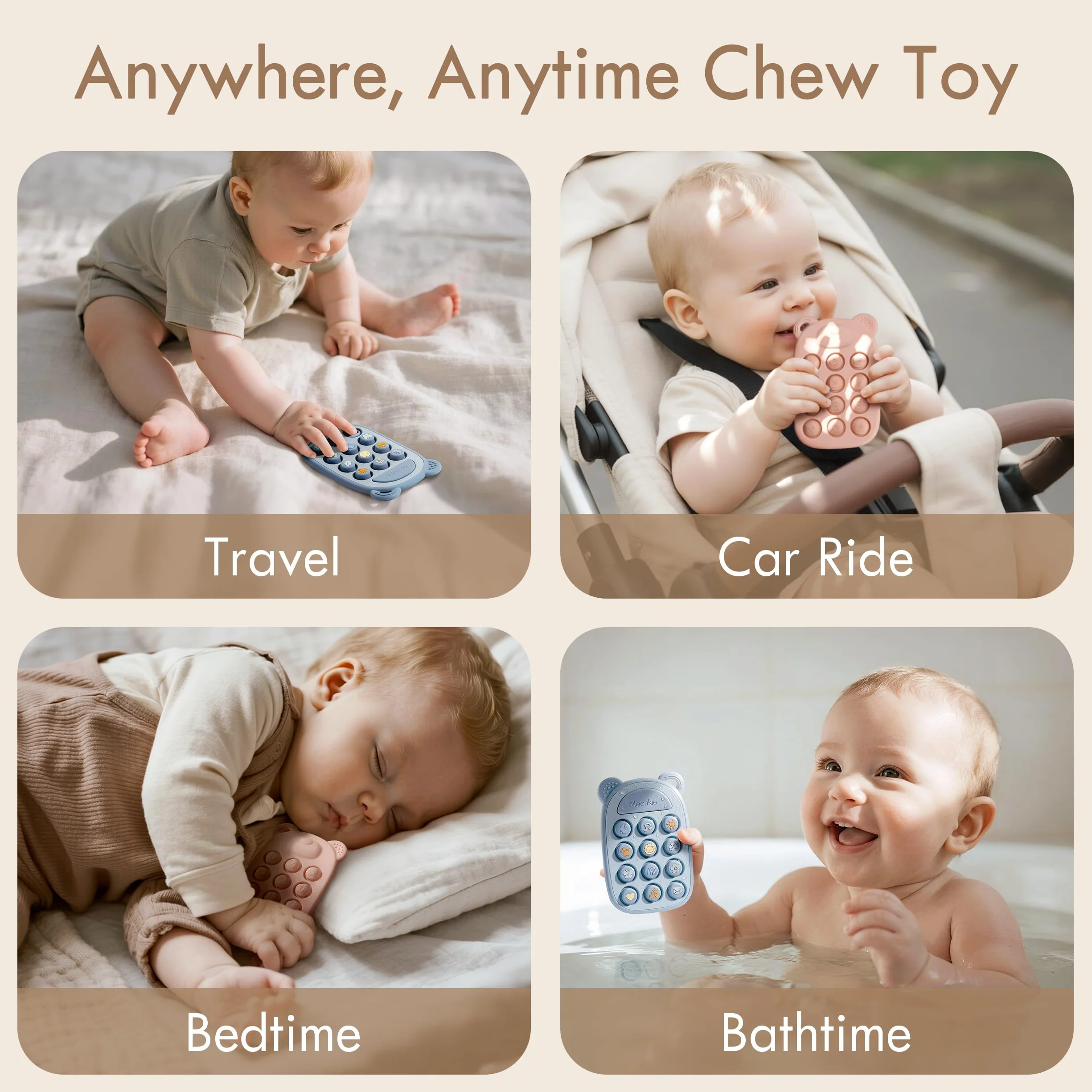 Moonkie Zabawka Ząbkowana dla Niemowląt, Silikonowy Telefon Gryzak, Pop Fidget It Toy, Zabawka do Gryzienia dla Dzieci 3 Miesięcy+, nie Zawiera BPA, Pomoc w Ząbkowaniu(Rumieniec)