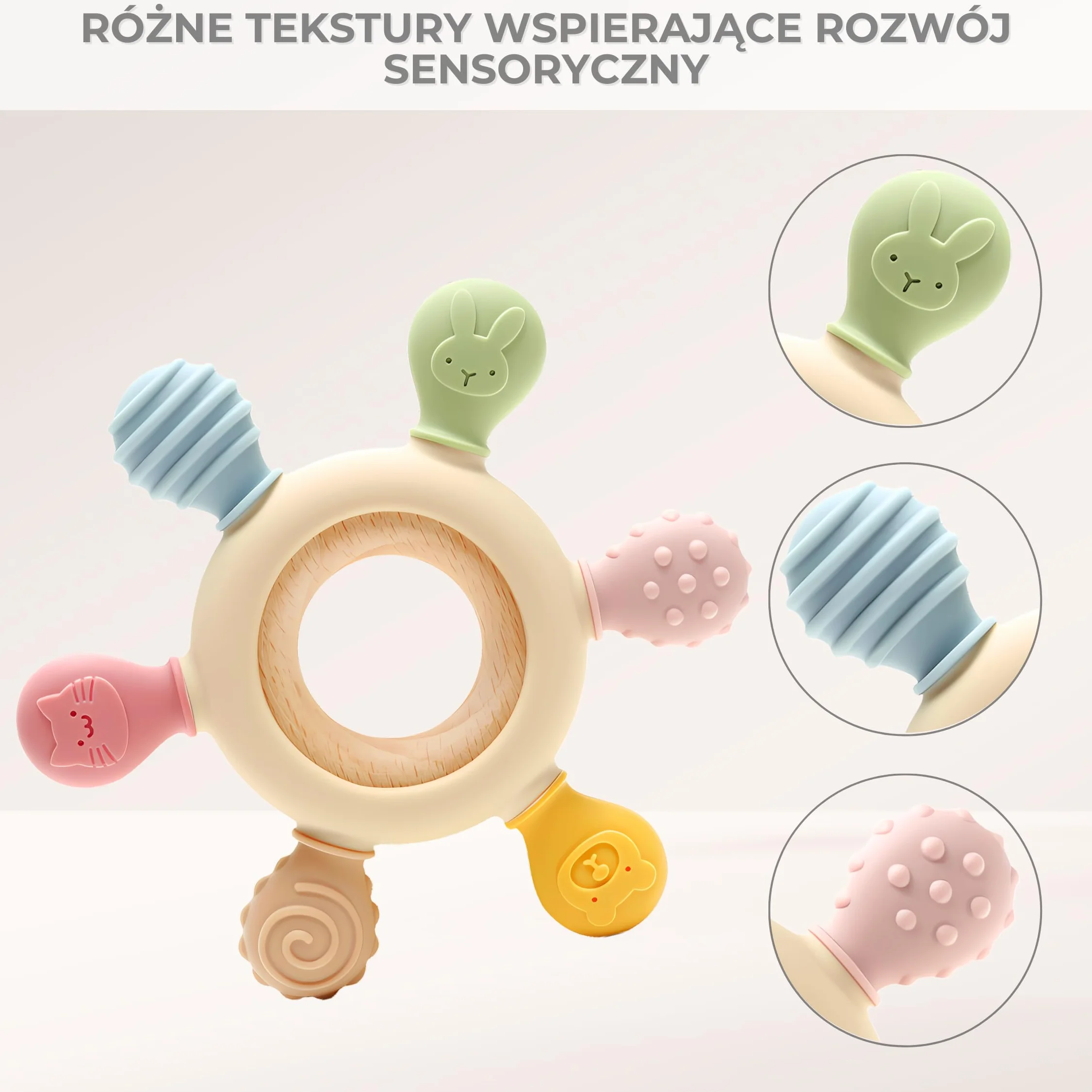 CAJA gryzak niemowlęcy silikonowy i drewniany bez BPA zabawka sensoryczna na ząbkowanie bezpieczny prezent z motywem zwierząt dla chłopca i dziewczynki łatwy do trzymania przez dziecko