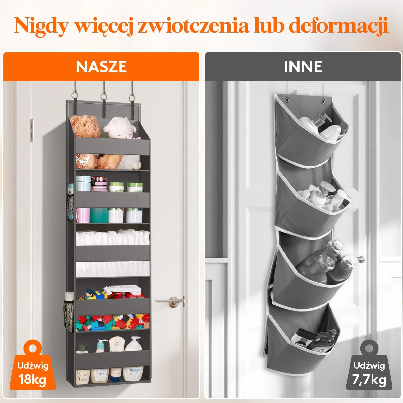 Lifewit 5-półkowy organizator nad drzwiami, przechowywanie wiszące z 4 kieszeniami bocznymi z siatką, anty-wywracanie, obciążenie 18 kg, do spiżarni/przedszkola/sypialni/dormitorium, 2 opakowania