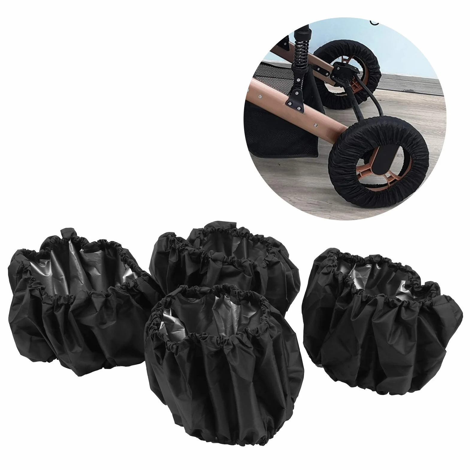 Kinderwagen Radabdeckung, 4 Stück Oxford Stoff Kinderwagen Staubdichte Fußabdeckung Radschutzabdeckung Kinderwagen Zubehör(L-Schwarz)