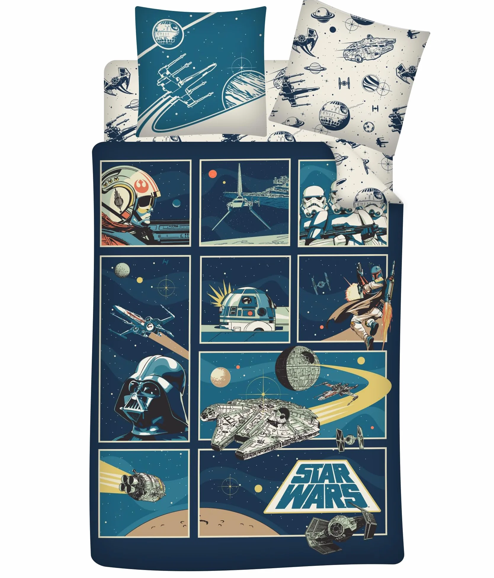 AYMAX Star Wars Classic 3-częściowy zestaw pościeli na łóżko pojedyncze, 100% bawełna, dwustronna poszewka na kołdrę 140 x 200 cm, poszewka na poduszkę 65 x 65 cm + prześcieradło z gumką 90 x 190 cm