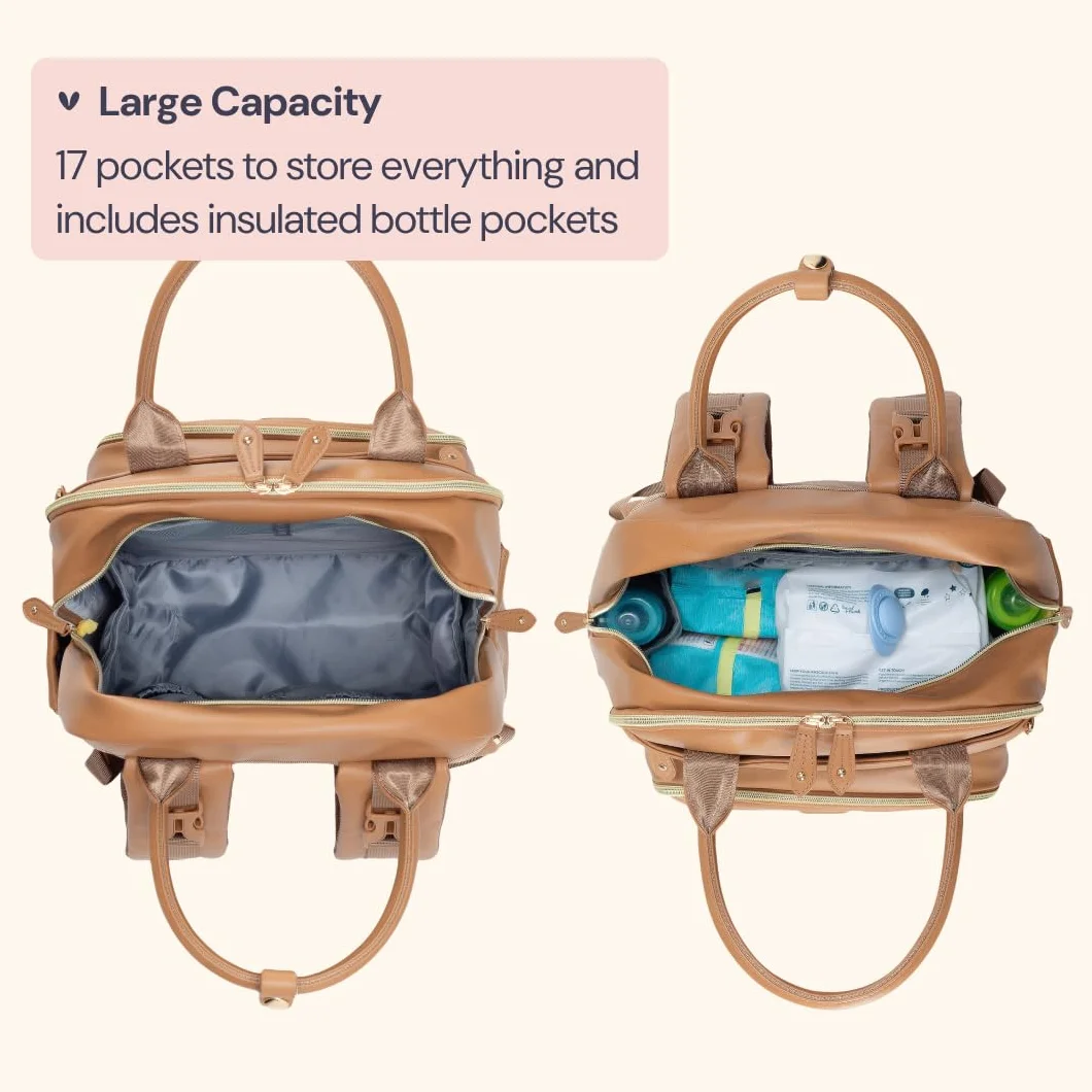 BabbleRoo Leather Diaper Bag Backpack - Baby Essentials Travel Baby Bag, Multi function, Waterproof, with Changing Pad, Stroller Straps & Pacifier Case – Unisex, Light Brown