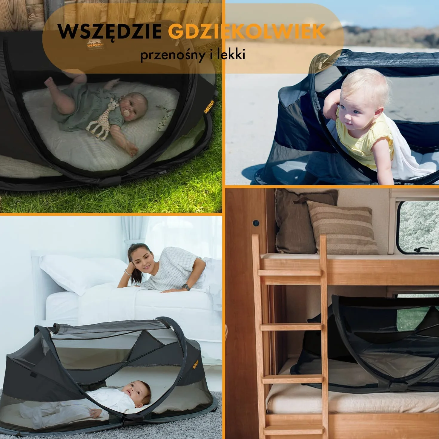 Deryan Łóżeczko turystyczne dla niemowląt z materacem od urodzenia do 2,5 roku – rozkładany namiot dla niemowląt rozkładany w 2 sekundy – w zestawie moskitiera i torba podróżna – 120 x 75 x 50 cm
