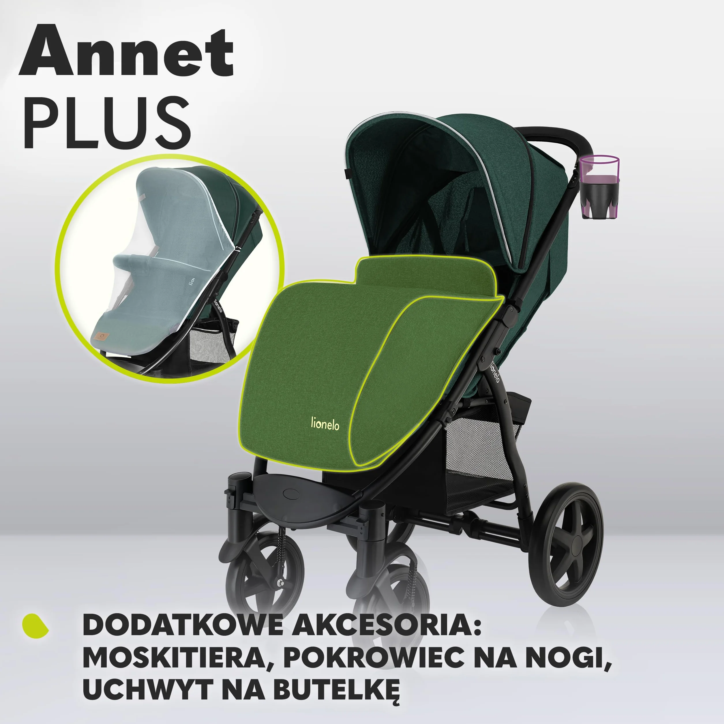 LIONELO Annet Plus wózek spacerowy do 22 kg, regulacja oparcia do pozycji leżącej, łatwe składanie, koła EVA, 5-punktowe pasy, daszek XXL, ocieplacz moskitiera (zielony)