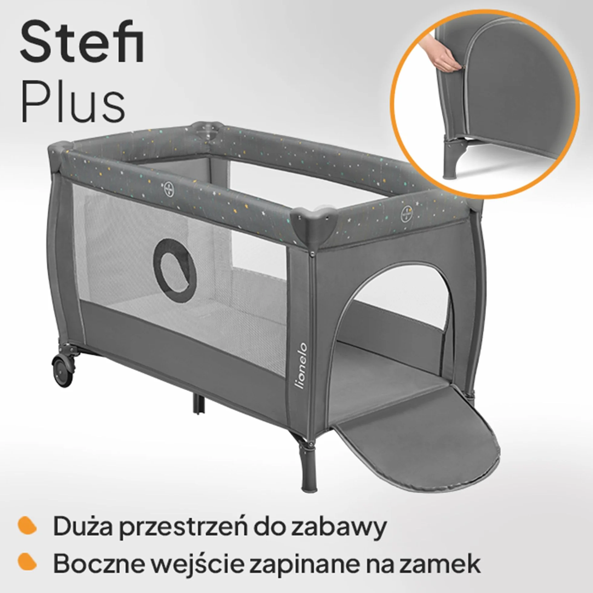 LIONELO Stefi Plus łóżeczko turystyczne 2 w 1 do 15 kg, łóżko dziecięce z materacem, boczne wejście z zamkiem błyskawicznym, wysokiej jakości materac piankowy, szybkie składanie