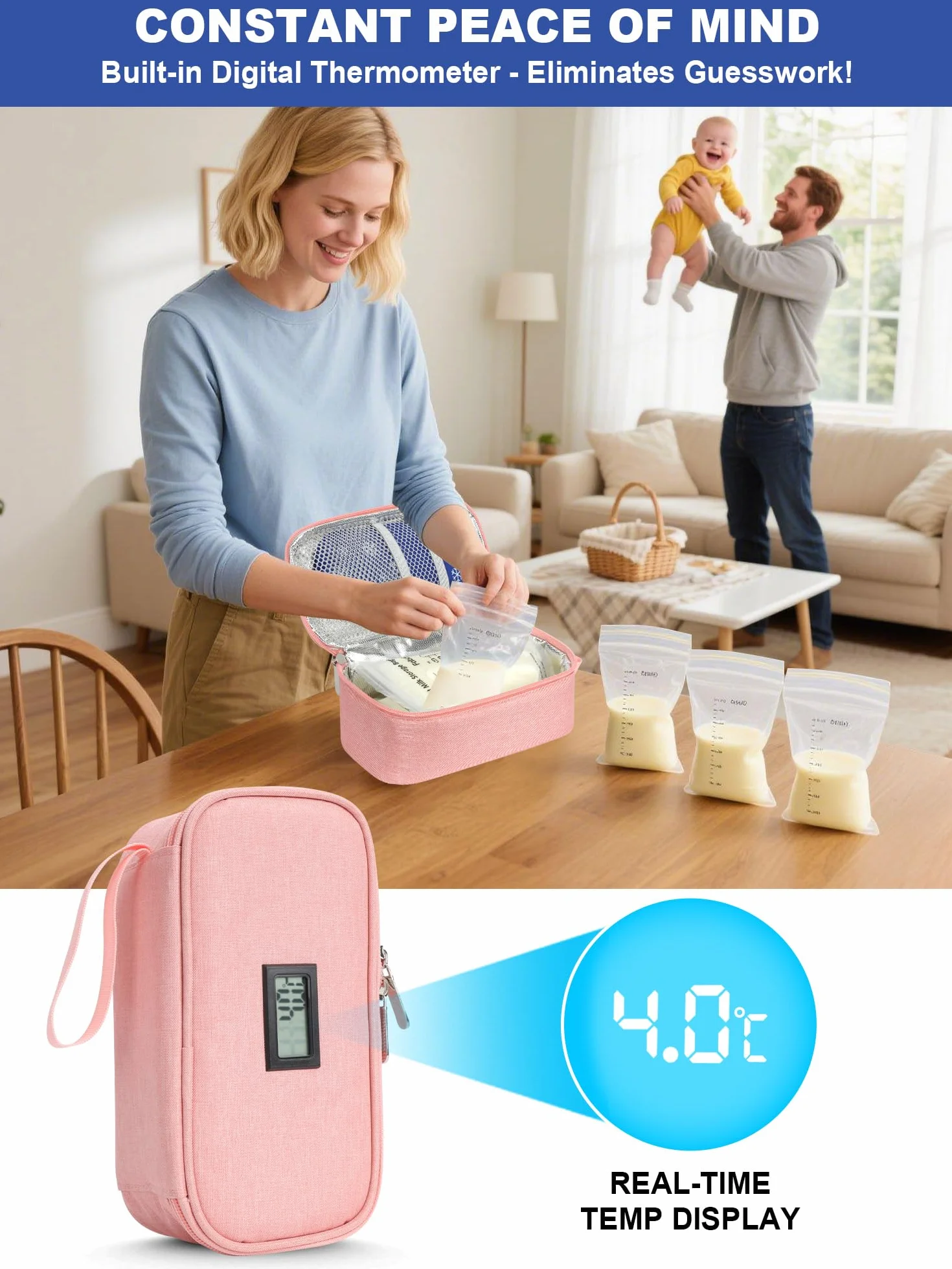 YOUSHARES Torba chłodząca do mleka matki z wyświetlaczem temperatury, na 4-6 worków na mleko matki, przenośna torba termoizolacyjna do przechowywania mleka matki, w zestawie 2 akumulatory chłodzące do
