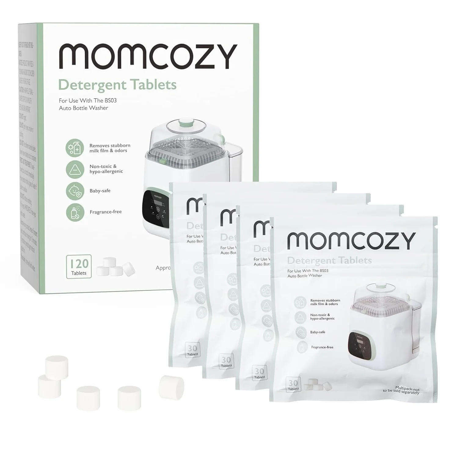 Momcozy Oficjalny blok do mycia butelek, nie zawiera substancji zapachowych i bezpieczny dla niemowląt, pasuje do myjki do butelek Momcozy, 120 tabletek