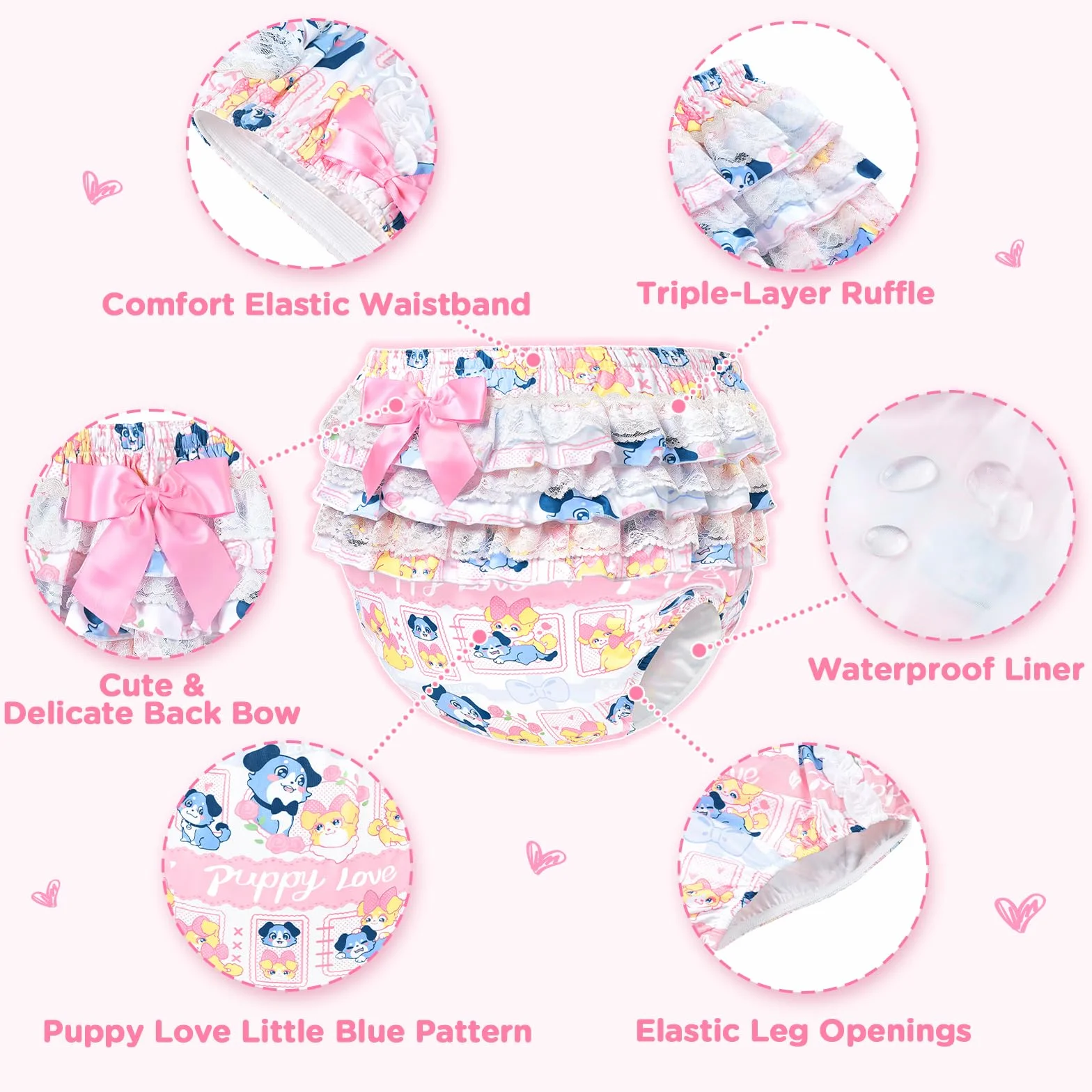 LittleForBig Jednoczęściowa, wielokrotnego użytku, wodoodporna, z satynową wstążką i haftem z marszczeniami, wzór Little Blue Puppy Love, maseczka dla dorosłych, różowa XL