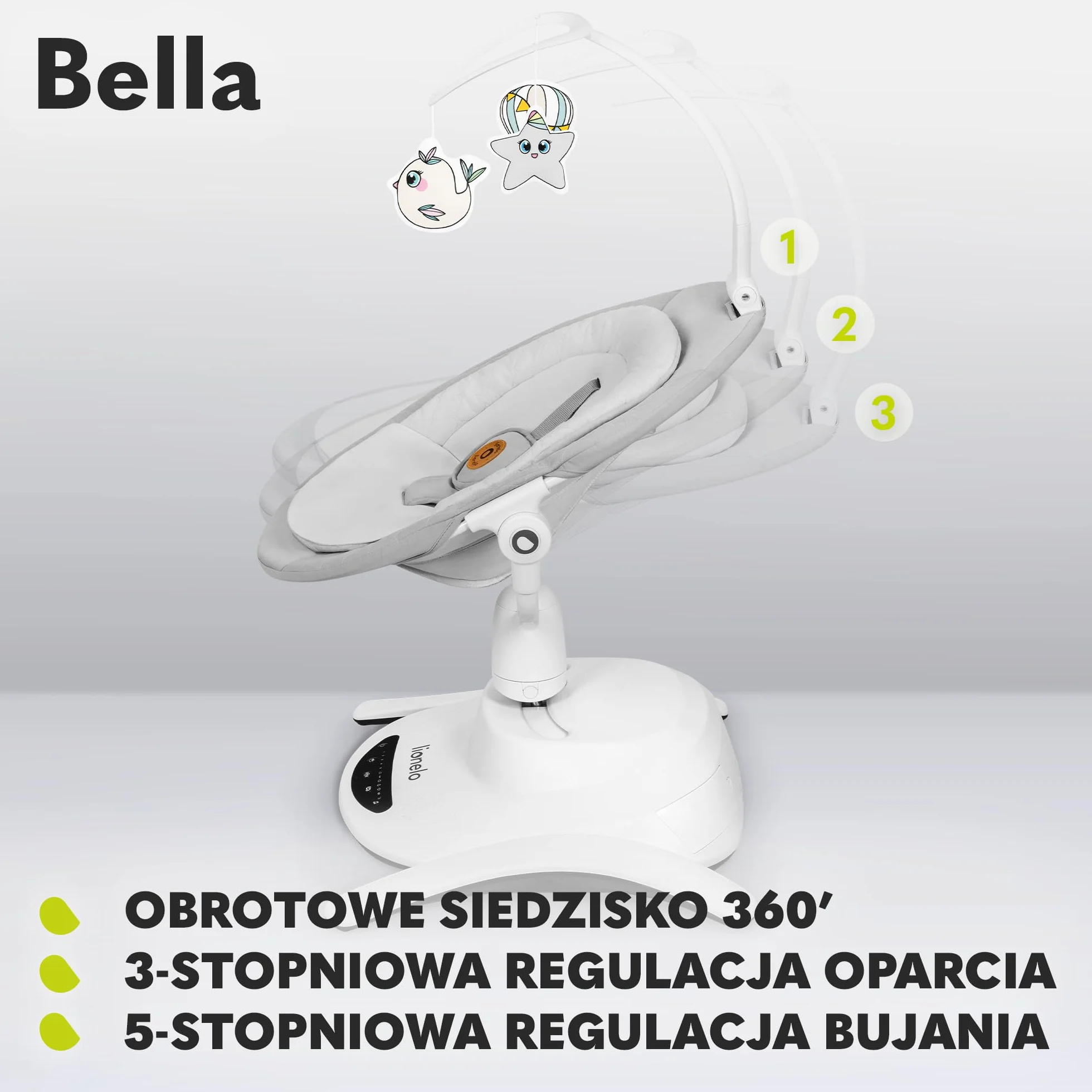 LIONELO Bella Elektryczny Obrotowy Bujaczek 360 dla Niemowląt do 9 kg Regulacja Oparcia, 5 Prędkości Bujania Pasy Bezpieczeństwa Wykrywanie Ruchu Antypoślizgowy, 12 Melodii Pilot
