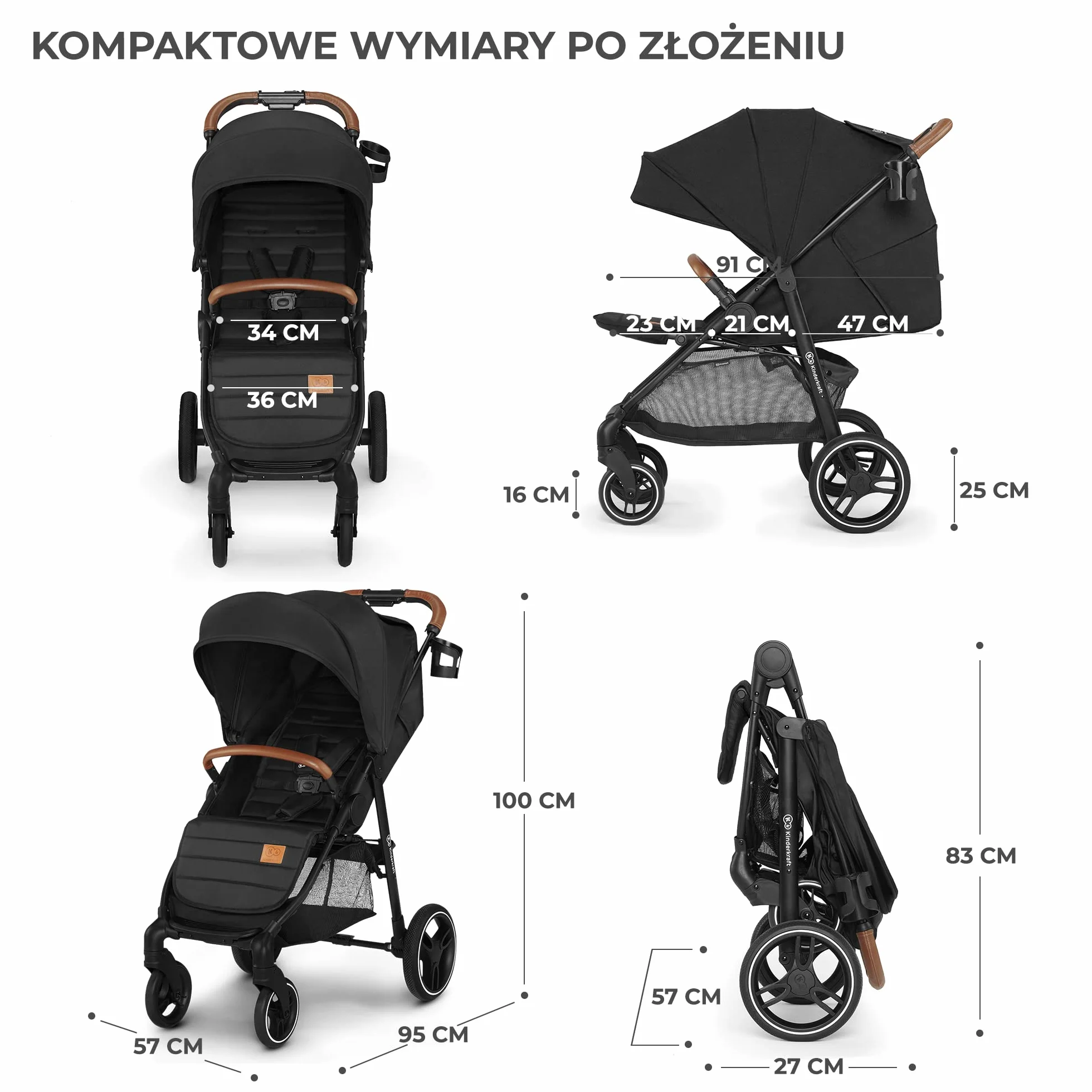 Kinderkraft GRANDE PLUS Wózek dziecięcy dla dzieci od urodzenia do 22 kg, Spacerówka, Regulowane oparcie do pozycji leżącej, Obszerne siedzisko, Składanie jedną ręką, Amortyzowane koła, Czarny