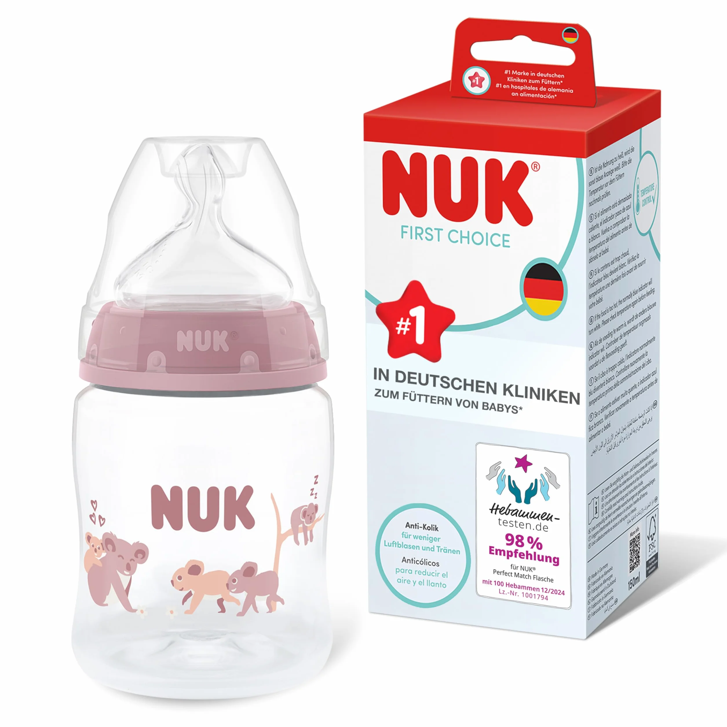 NUK First Choice Butelka dla niemowląt | 0+ miesięcy | 150 ml | Butelka przeciwkolkowa | PP | Wskaźnik kontroli temperatury | Koala | 1 sztuka
