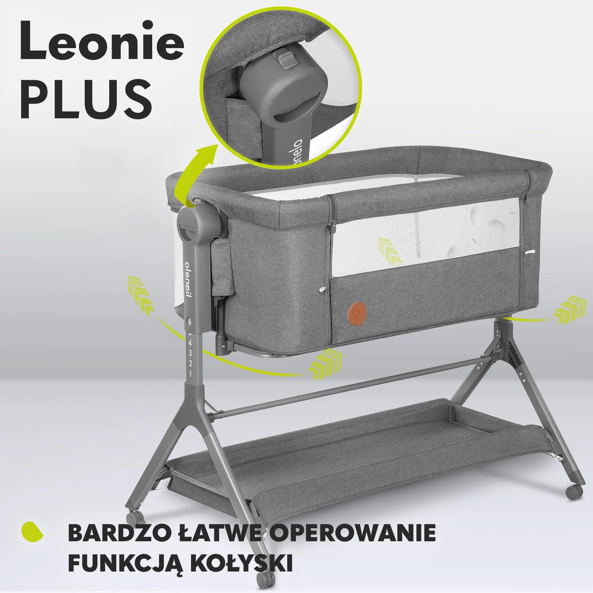 LIONELO LEONIE Plus 3 w 1 Dziecięce Łóżeczko Wolnostojące do 9kg, Łóżeczko Dostawne i Kołyska, Regulacja Wysokości, Przewiewne Ścianki, Odpinany Bok, Kółka z Hamulcem Duży Kosz
