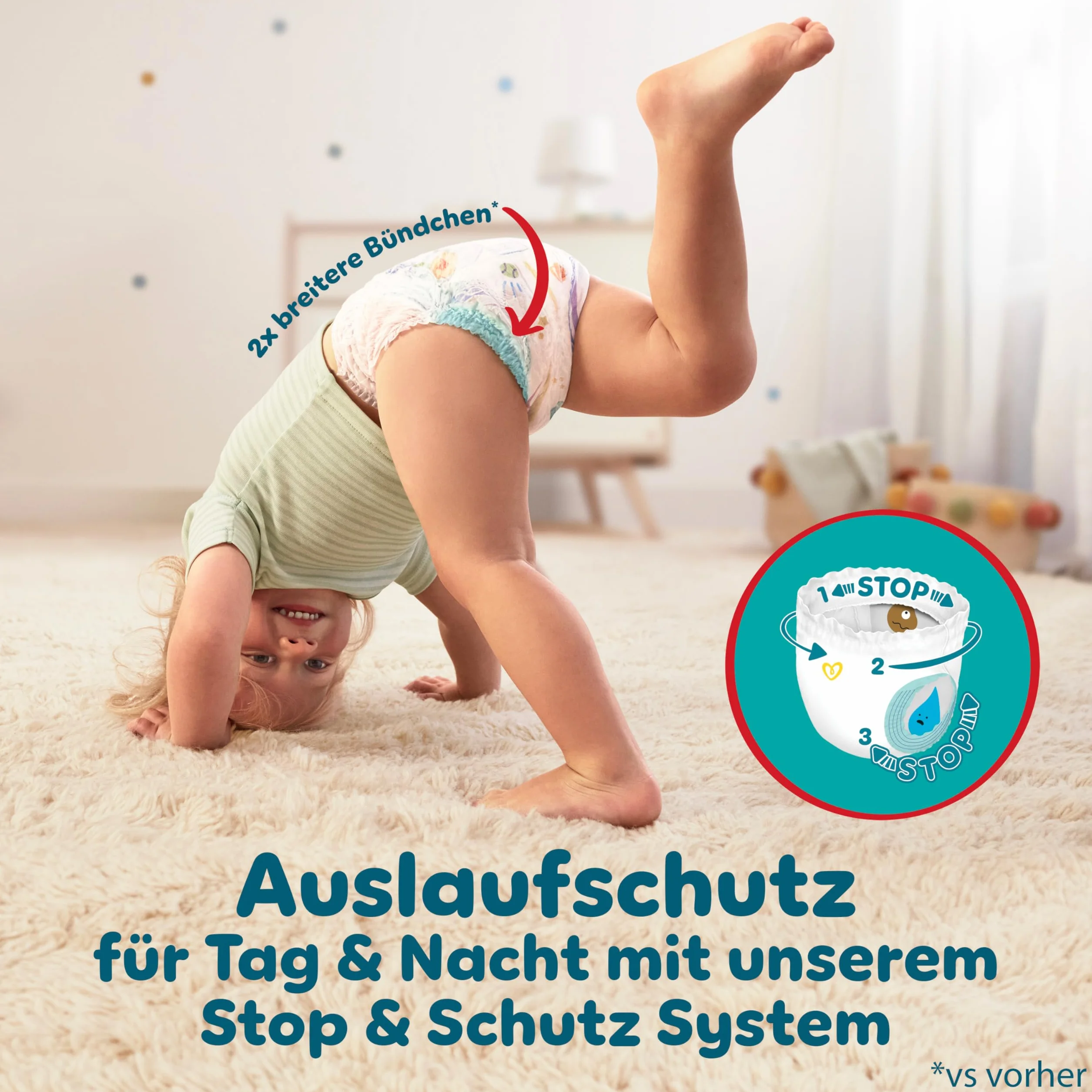 Pampers Spodnie Baby-Dry. Rozmiar 6, 138 pieluch, 14-19 kg, 360° Zabezpieczenie przed wyciekiem z kieszenią Stop & Protect na noc do 100% bez wycieków, opakowanie 1 miesiąc