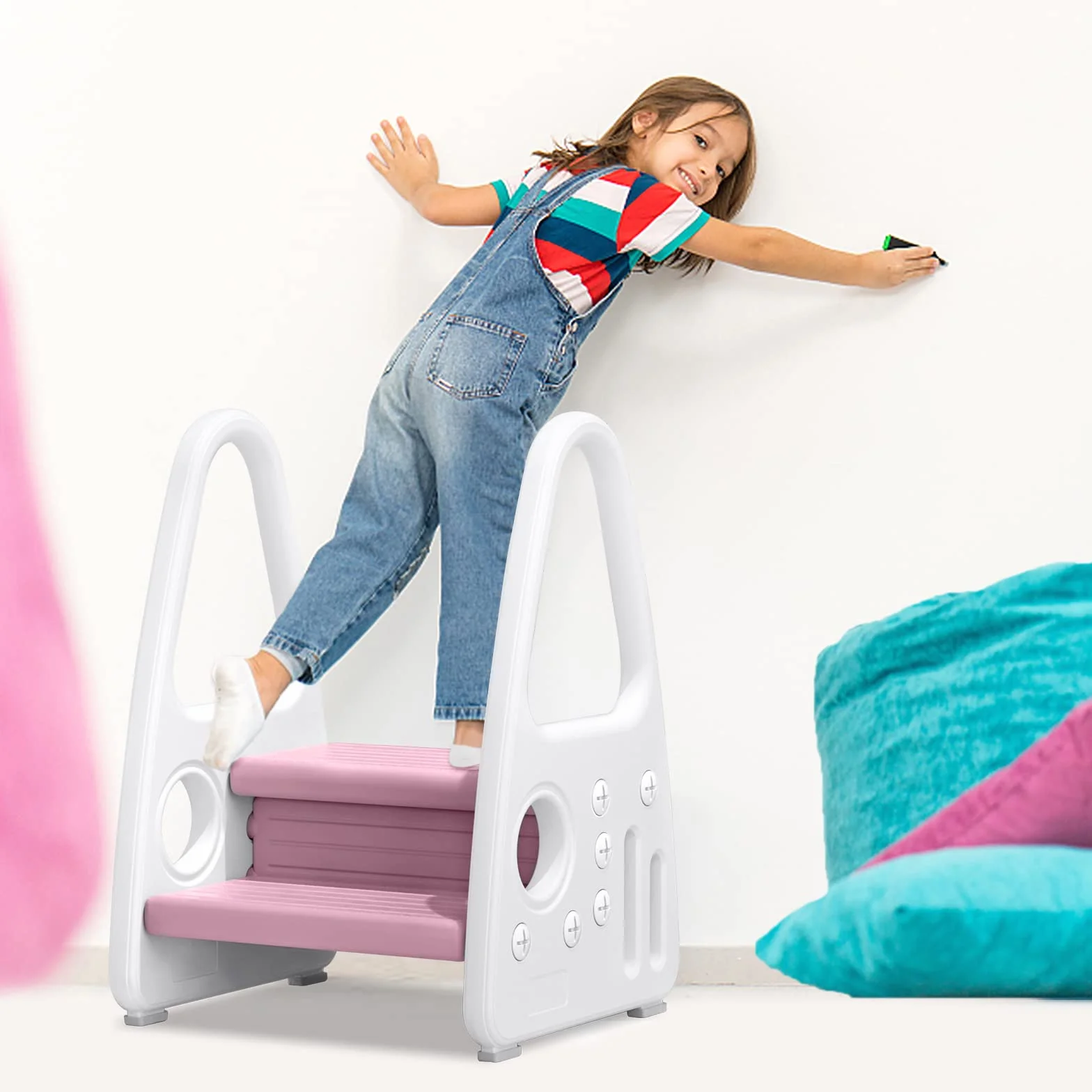 UISEBRT Taboret dla dzieci, 2 poziomy, stołek dziecięcy, dla małych dzieci, wieża do nauki, antypoślizgowa, z tworzywa sztucznego, do łazienki, sypialni, kuchni, pokoju dziecięcego, różowy