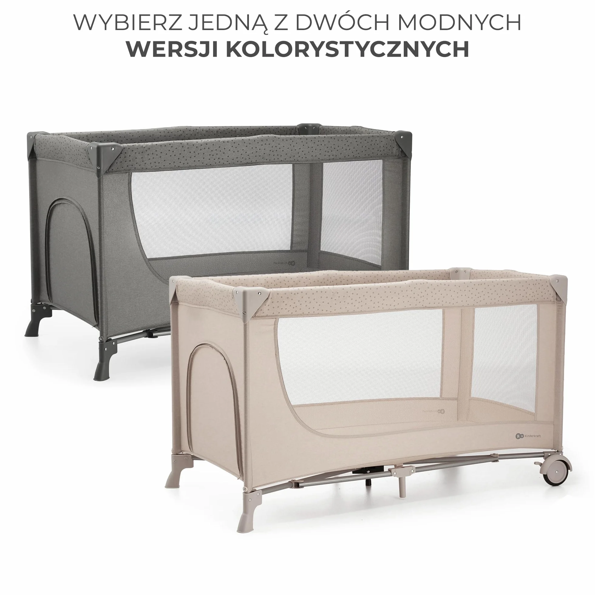 Kinderkraft JOY 2 Łóżeczko turystyczne 2 w 1, Boczne wejście, Szybkie składanie i rozkładanie, Zabezpieczenie przed złożeniem, Kółka i torba ułatwiające transport, Szary
