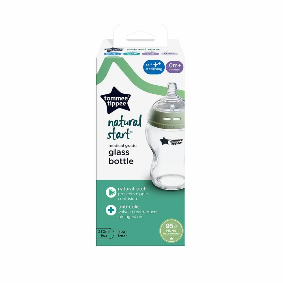 Tommee Tippee Butelka dla niemowląt, naturalna antykolkowa szklana butelka, 250 ml, smoczek imitujący kształt piersi naturalny uchwyt w ustach, zestaw 1 szt