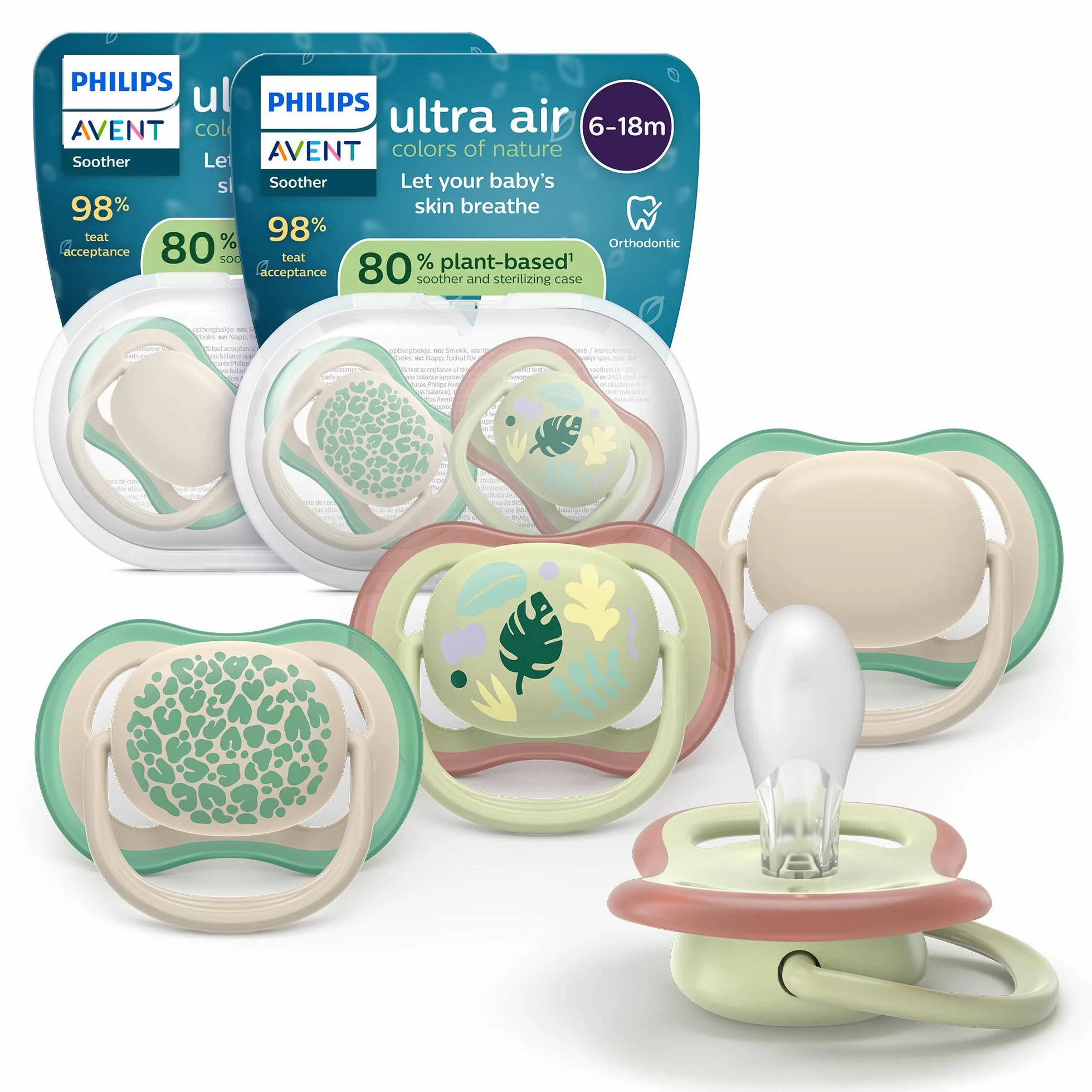 Philips Avent Ultra Air Smoczki — ortodontyczny smoczek dla dzieci w wieku 6-18 miesięcy, symetryczna miękka silikonowa końcówka, bez BPA, 2 etui do sterylizacji, 4 sztuki, SCF087/26