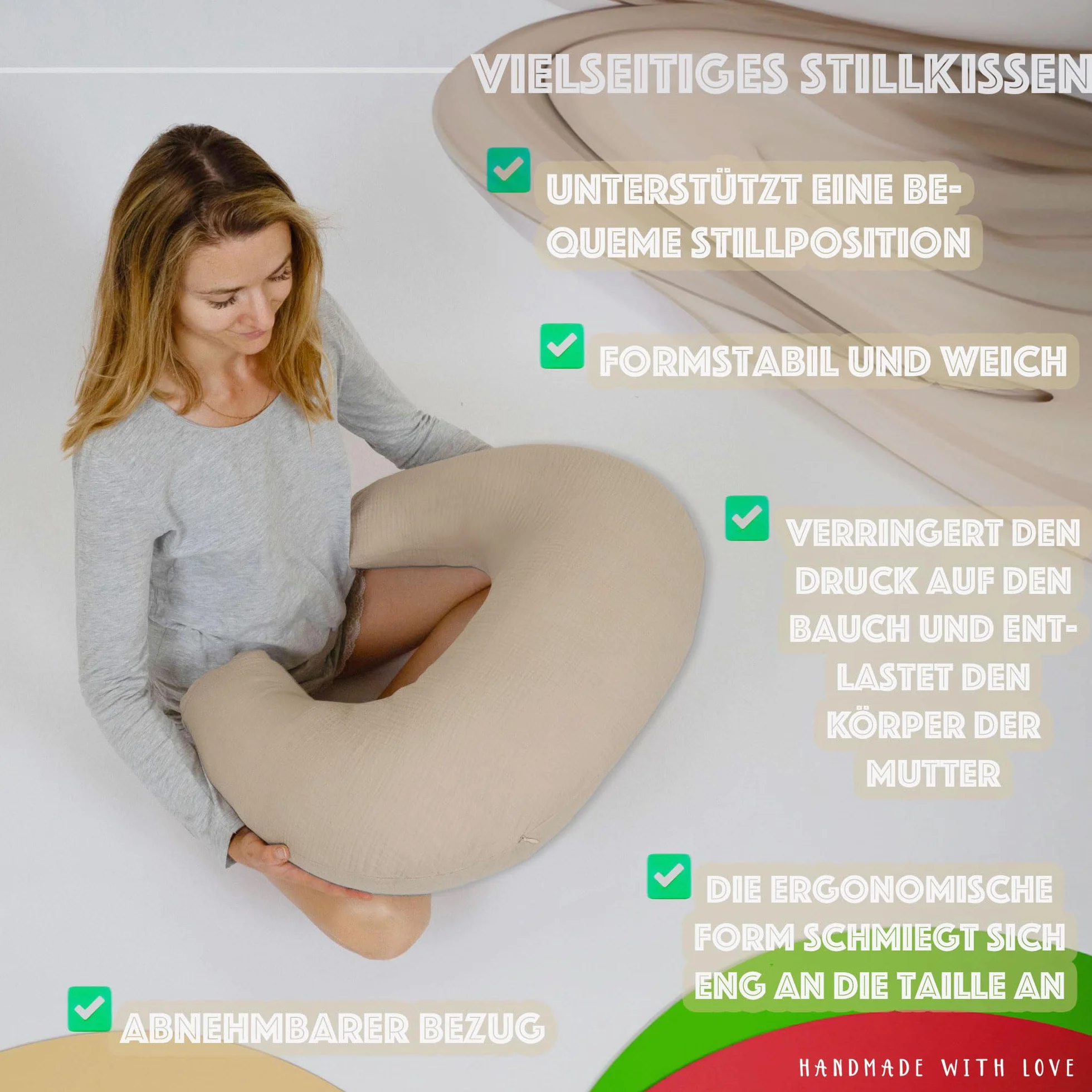PaLulli® Muślinowa poduszka do karmienia piersią Pokrowiec na poduszkę do karmienia z 100% bawełny muślinowej - Poduszka do karmienia dla dziecka, Poduszka do karmienia w kształcie rogalika dla